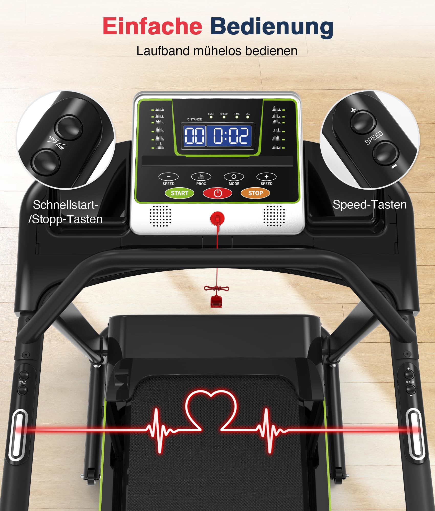 Redliro Laufband für Senioren mit Handläufen, sanfter Start ab 0,5 km/h | 300 lb Tragkraft,0–2 % Neigung,Transporträder,Auto-Schmierung, Bildschirm-Aus-Taste,Rehabilitations-Laufband für Zuhause
