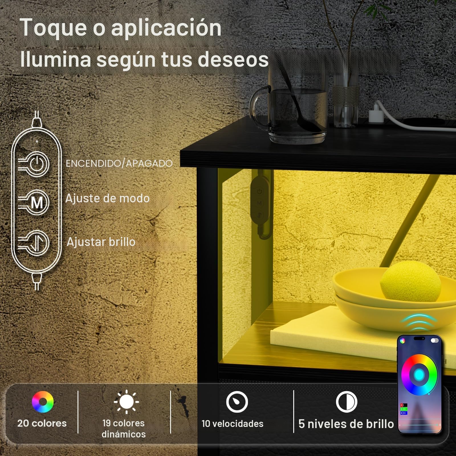 AMHANCIBLE Mesita de Noche, Mesitas de Noche con Estación de Carga, Mesa Auxiliar con 2 Cajones de Tela, 2 Tomas AC, 2 Puertos USB, Dormitorio, Salón, Estudio, Negro, EHETS02BK-1