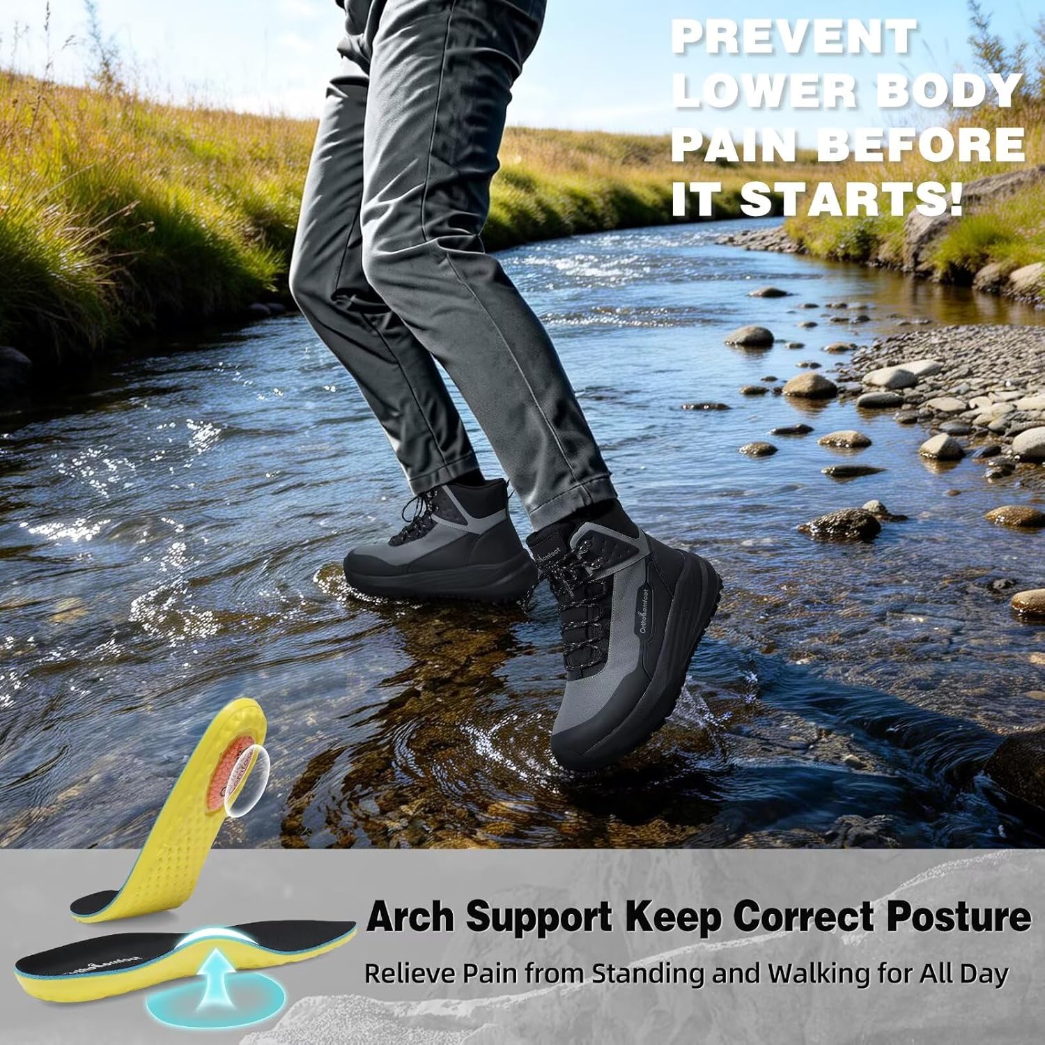Men's Orthopedic Wide Waterproof Hiking Boots: Comfortable Plantar Fasciitis Diabetic Arch Support Trekking Walking Shoes, Orthotic Non Slip Outdoor Adventures Mid Ankle Boots for Foot and Heel Pain - Image 7