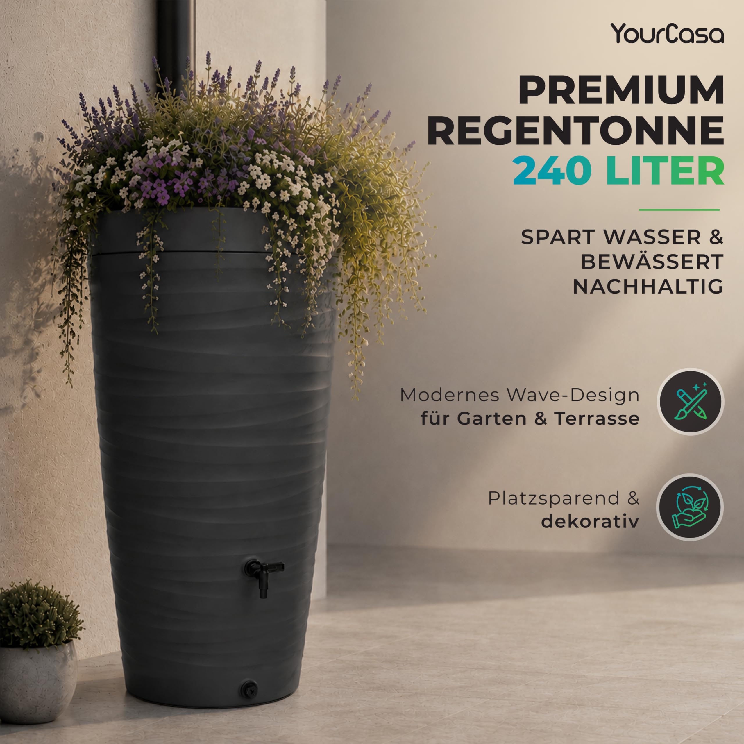 YourCasa Regentonne 240 Liter [Wave Design] Regenfass Frostsicher aus Kunststoff - Regenwassertonne mit Wasserhahn - Regenwassertank Garten Regenwassersammler Wasserfass Regentonne schmal (Grau)
