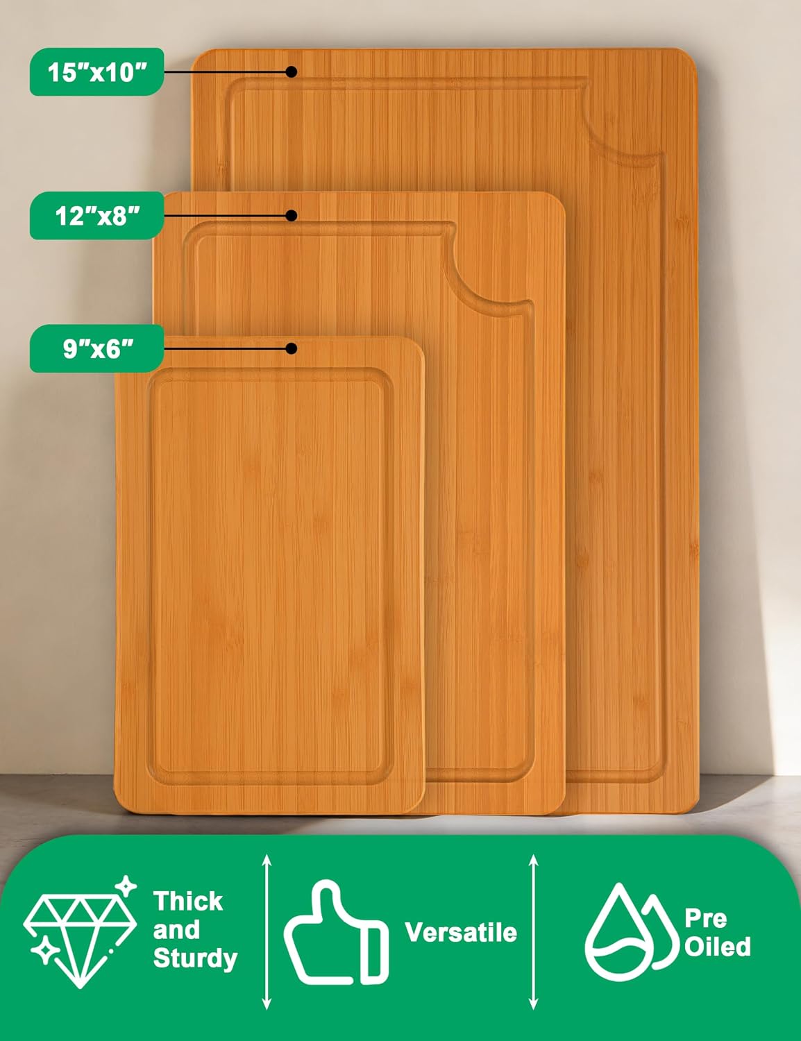 Bamboo Cutting Board Set, Lexda 3PCS Carbonized Cutting Board with Foot Pad, Durable Kitchen Cutting Boards for Kitchen Meal Prep, Chopping Fruit, Meat, Cheese, Veggies