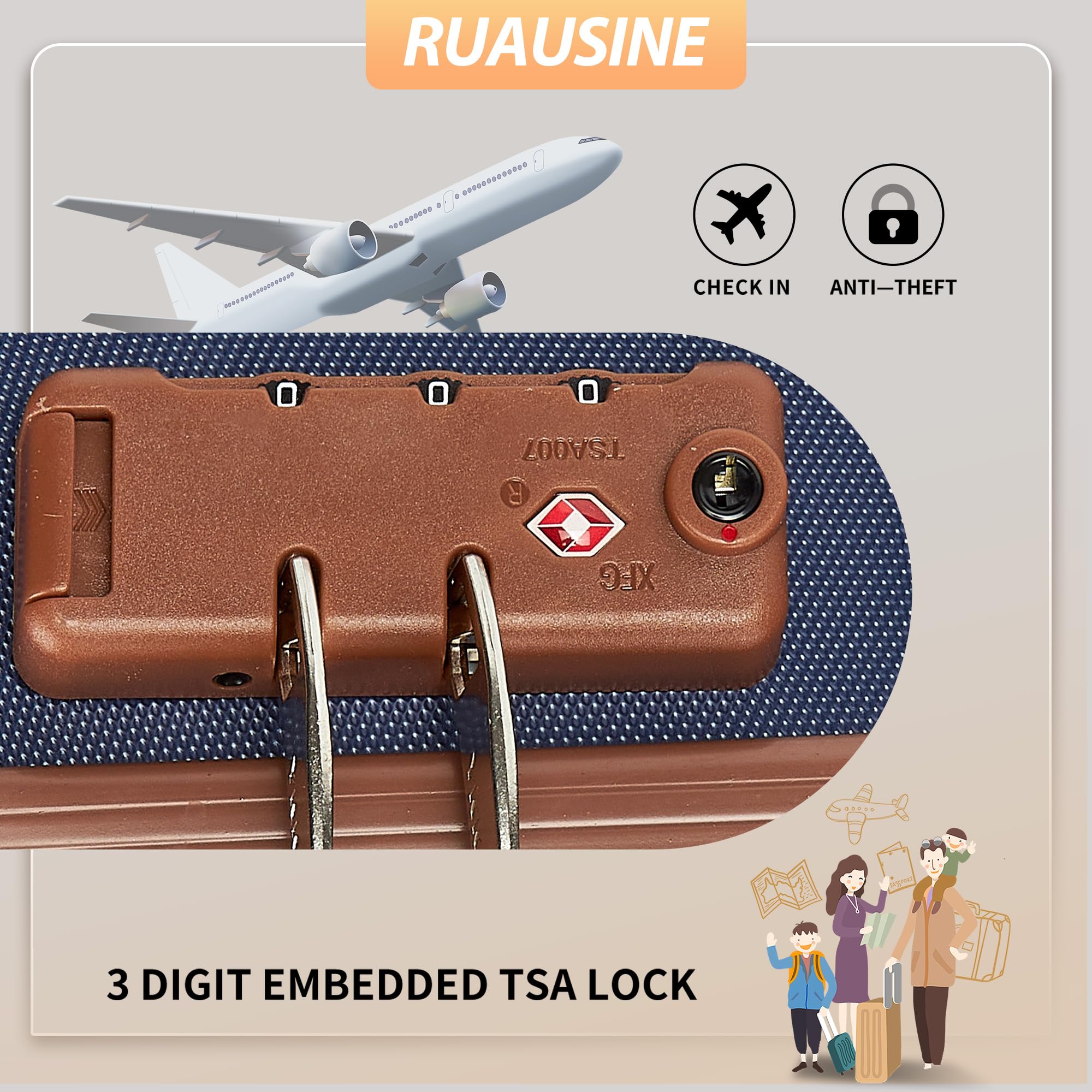 Ruausine Bagaglio a mano approvato dalle compagnie aeree, valigia rigida con ruote girevoli, piccolo bagaglio a mano leggero con guscio rigido e lucchetto Combinazione (Blue, 20 IN)