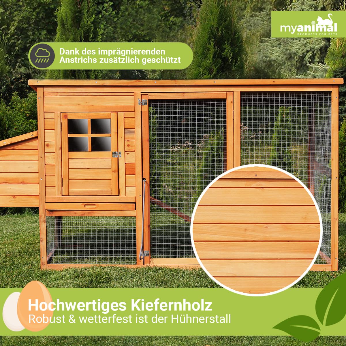 Miweba MyAnimal Hühnerstall MH-04 | 174x76x103 cm - Für 4 Hühner mit Eiablage - Nistkasten - Kleintierkäfig Winterfest - Freilaufgehege - Käfig - Hühnerhaus - Vogelkäfig - Voliere (MH-04 Braun)