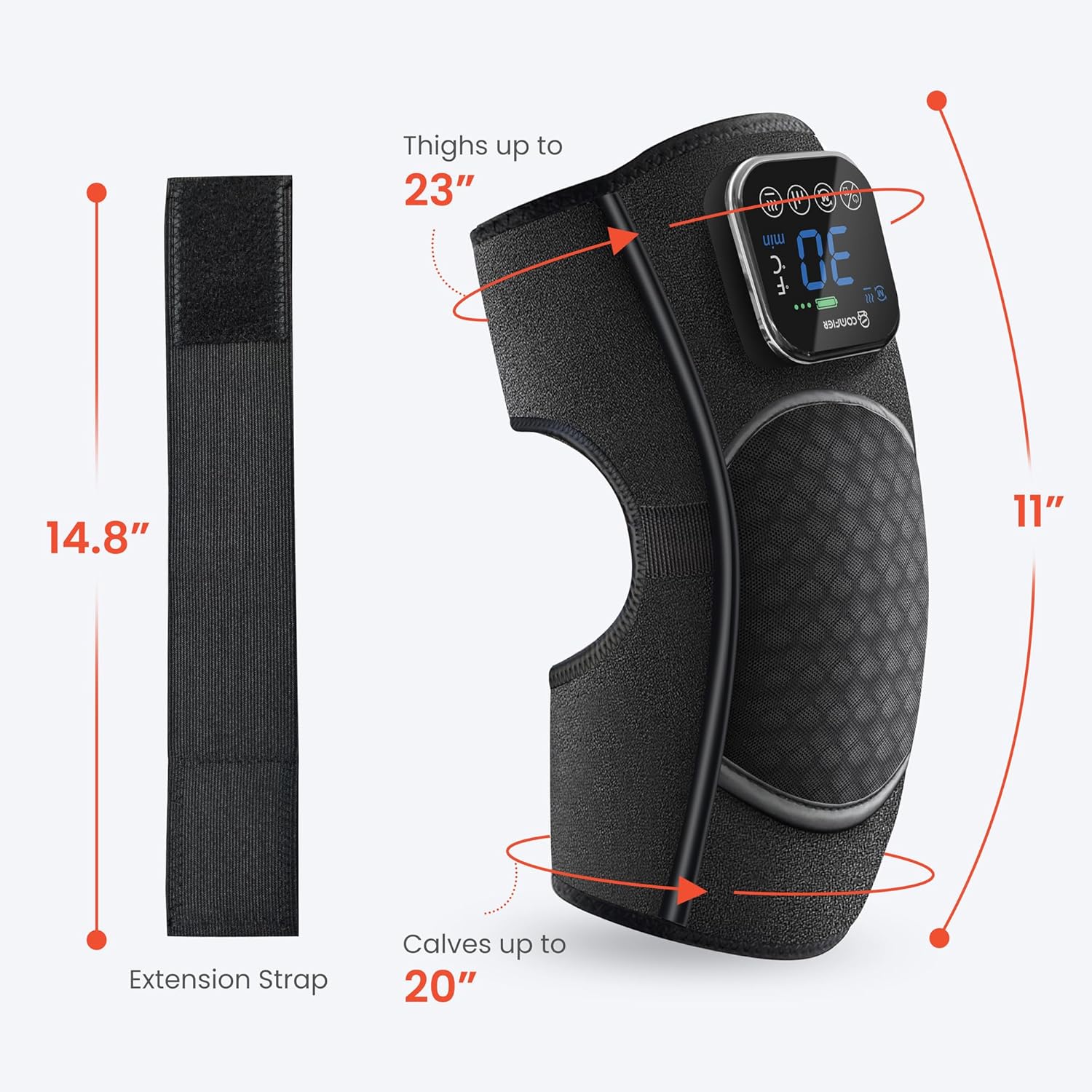Diagram illustrating the dimensions of the knee massager, showing it fits thighs up to 23 inches and calves up to 20 inches, with a 14.8-inch extension strap.