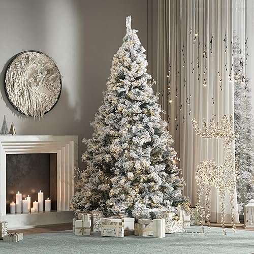 VEVOR Árbol de Navidad, árbol artificial flocado preiluminado de 7.5 pies, árbol de Navidad completo con 550 luces LED blancas, 1346 puntas de rama,