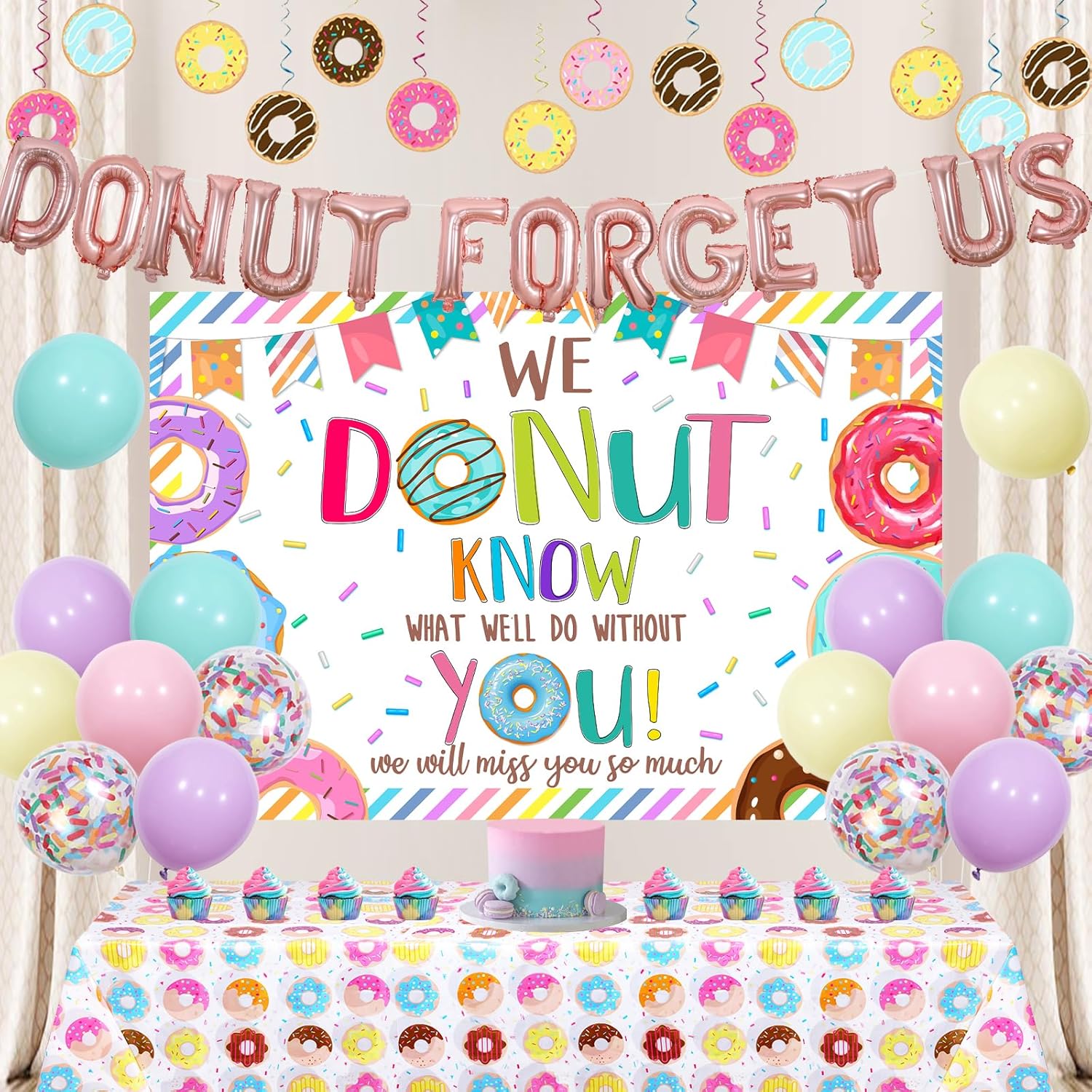 Donut Forget Us Away Party Decoration Donut Balloon Backdrop Banner Tablecloth Hanging Swirl for Retirement Farewell Party Career Change Bachelorette