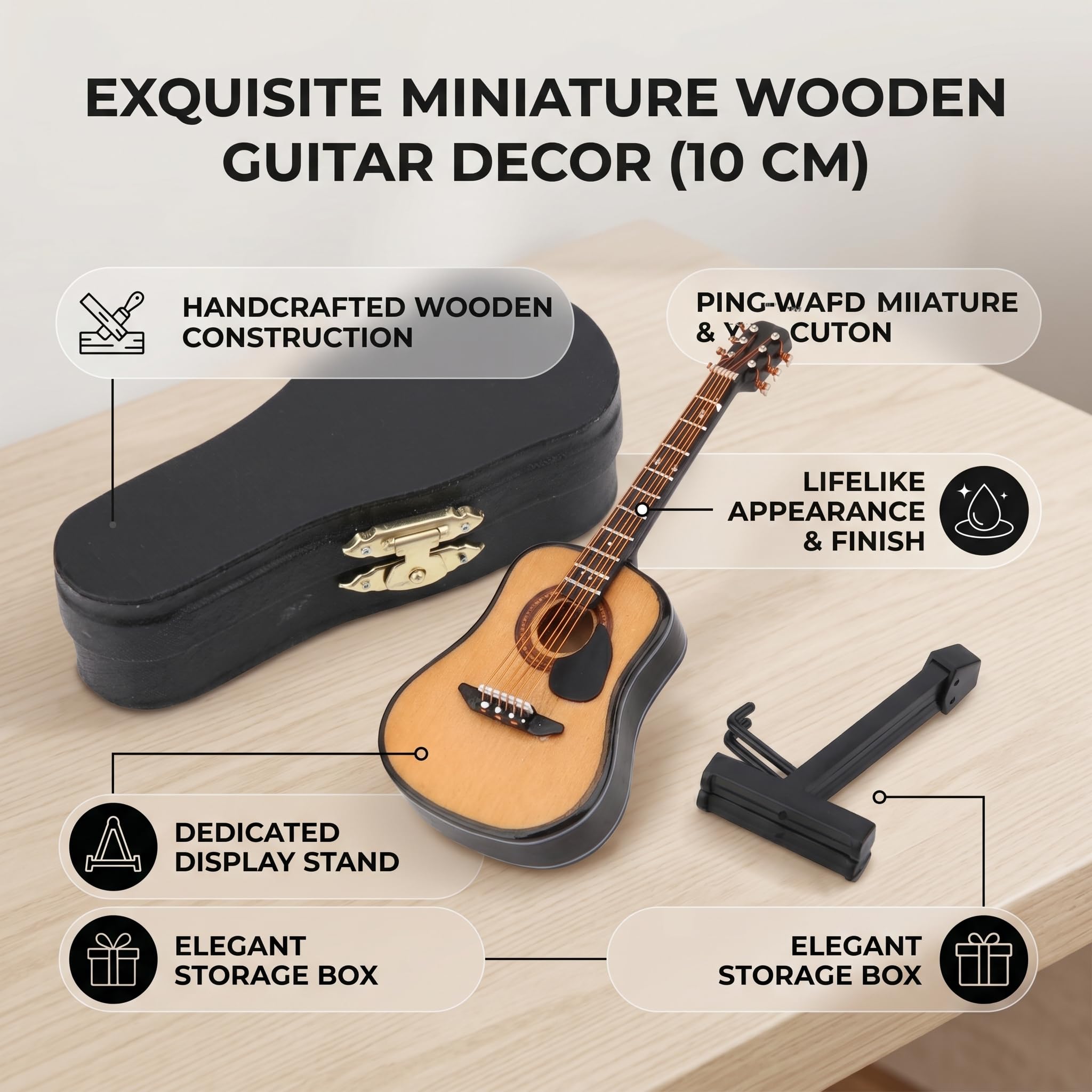 Miniature Guitare En Bois - Modèle Décoratif 10 Cm - Avec Support Et Boîte - Décoration Bureau, étagère, Cadeau Musicien