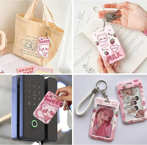 Miniatura 2 de 2 piezas de soporte para tarjeta fotográfica Kpop, lindo oso de fresa, soporte para tarjetas de identificación Kpop con llavero, carrete de
