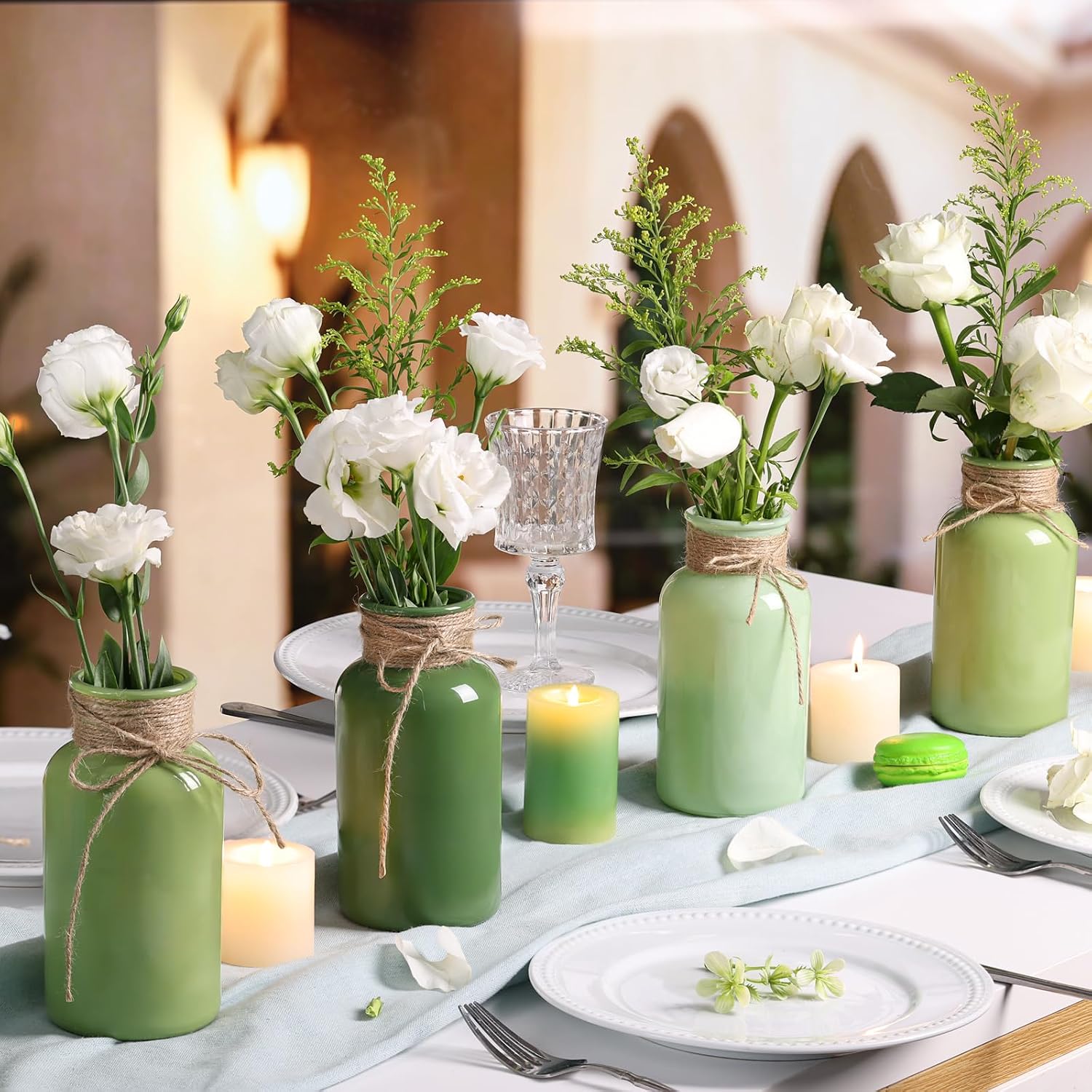 12Pcs Vintage Glass Flower Vase, Farmhouse Glass Centerpiece Vases Mason Jars for Weddings, Party Rustic Home Decor Bulk (3 Green Shades: Light, Sage, Olive Green)