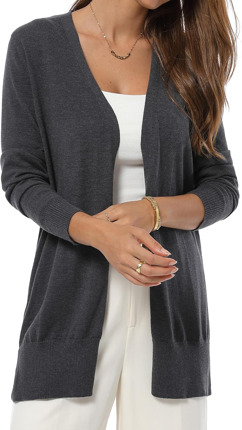 QUALFORT Women's Lightweight Open Front Cardigan Cotton Long Sleeve Casual Loose Fit Knit Cover Up Sweater - Image 3