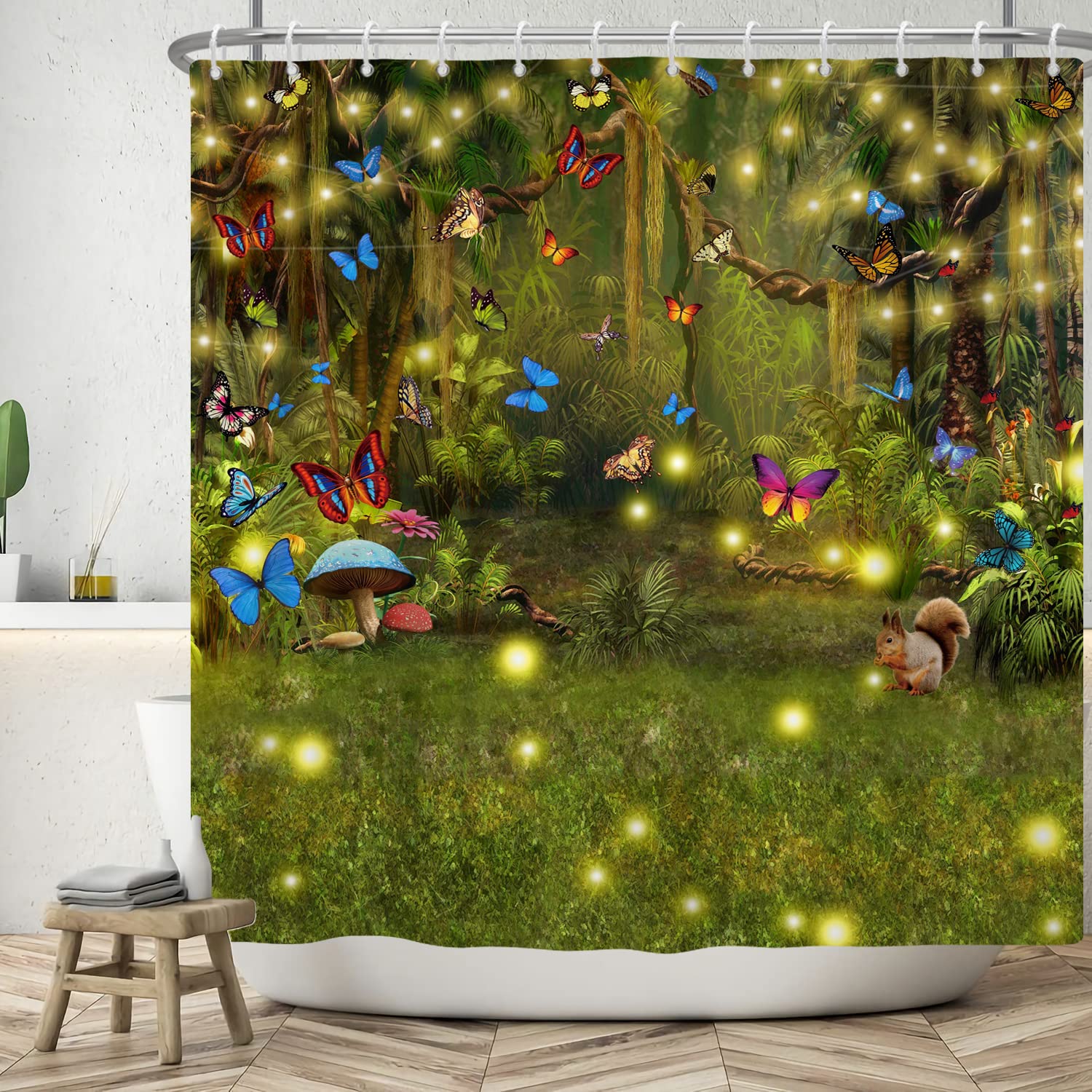 LB Foresta Blu Tenda Doccia 180x180 Cm - Alberi E Farfalle, Impermeabile Antimuffa, Con 12 Ganci, Per Bagno E Decorazione