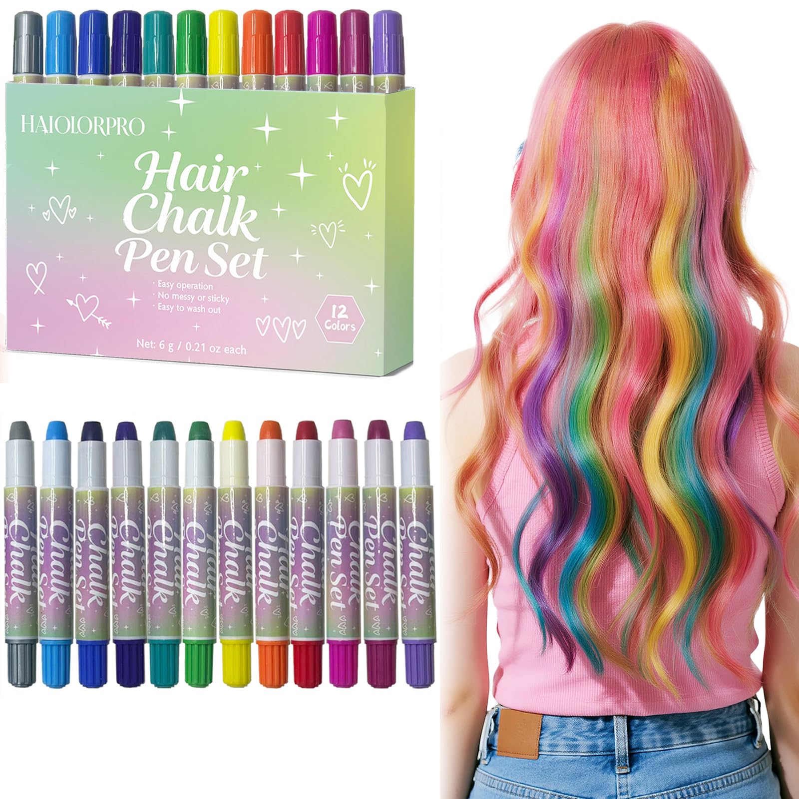 HAIOLORPRO Hair Chalk Dustless 12 Colors, Gift for Teen Girl Kids Safe