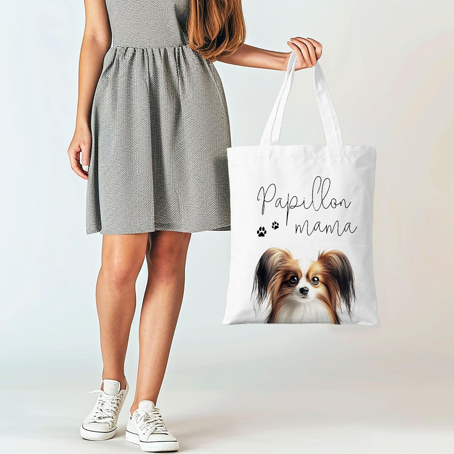 Papillon Mama Canvas Tote Bag for Women, Dogs Lover Gift for Dog Mom, Birthday Christmas Cute Papillon Gifts For Women, Tote Bag for Work College Travel. (090) - Image 3