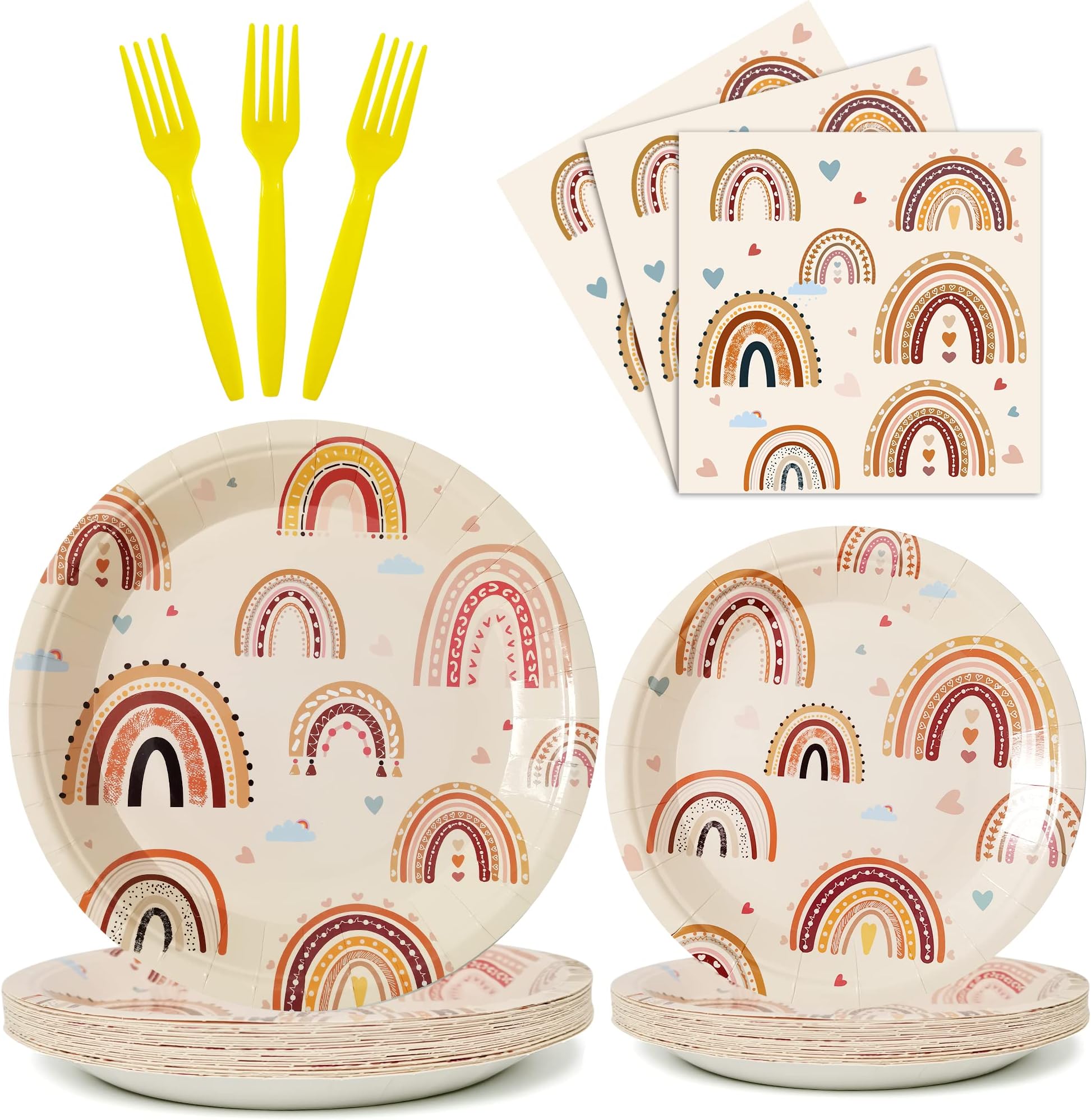 Boho Rainbow Party Plates Napkins Decorations Serves 24, Groovy Hippie Party Supplies Tableware Set for Boho Rainbow 1st Birthday Baby Shower Disposable Paper Plates Napkins Forks for Girl Boy, 96 Pcs