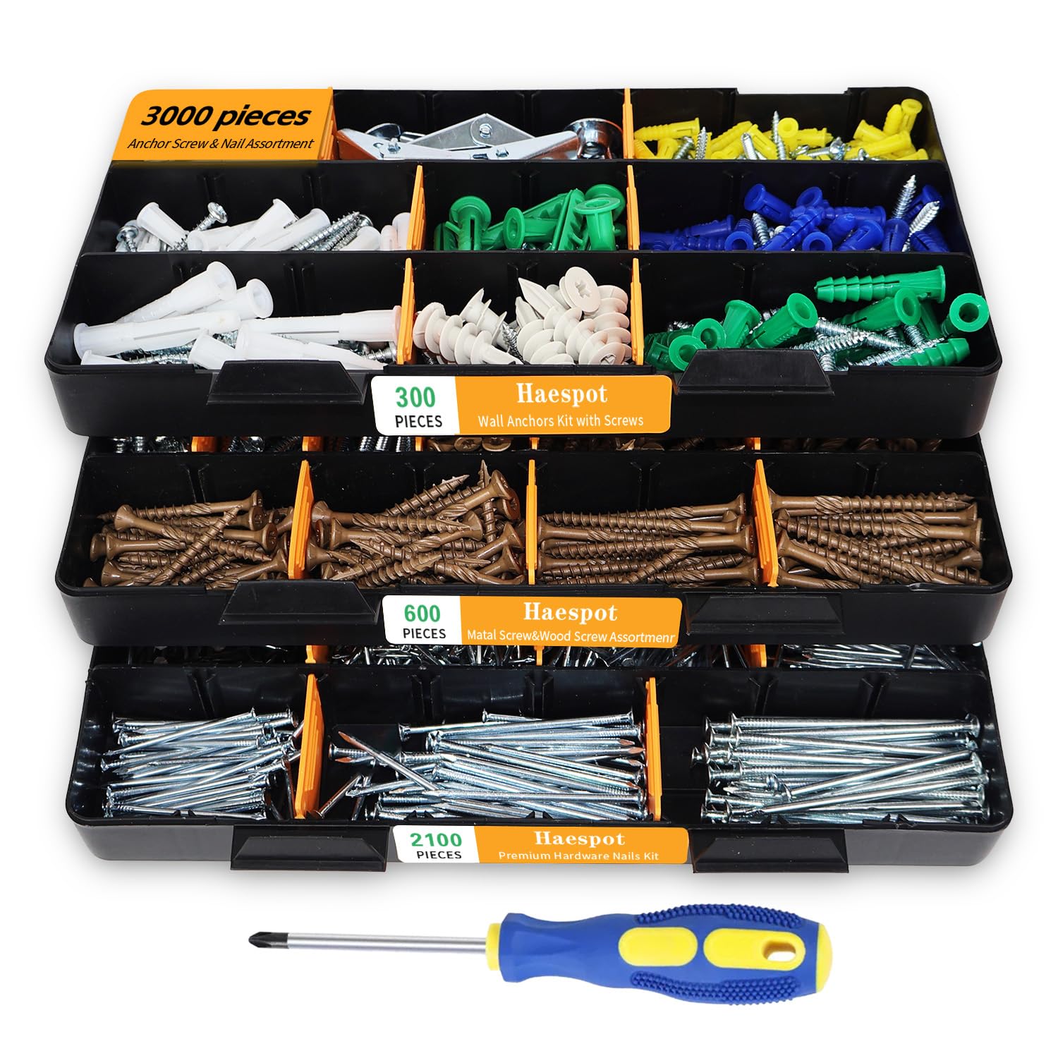 Haespot 3000-Piece Hardware Kit: Anchors, Tapping Screws, Deck Screws & Nails in Organized 3-Tier Storage for DIY Projects