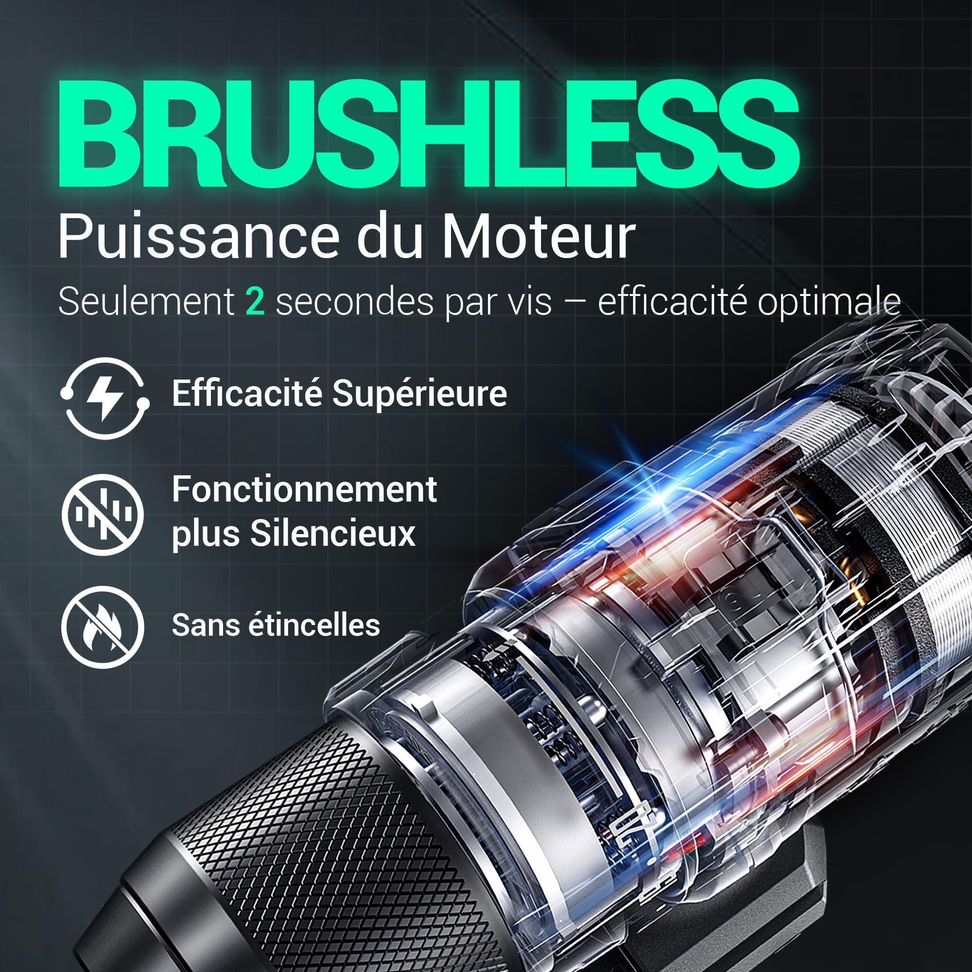 Perceuse à percussion sans fil 20V Brushless 55Nm 13mm mandrin tout métal 18+1 réglages couple 0-450/1800 tr/min batterie 2x2.0Ah chargeur