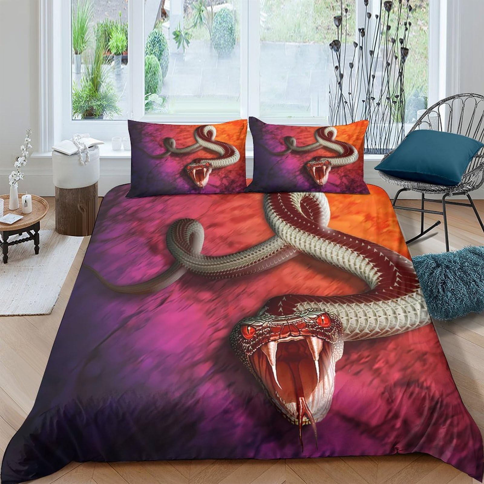 GPLZQXKJNH 3D Printed Snake Pattern Duvet Cover Microfiber Soft Breathable Venomous Serpent Bedding Set with 2 Pillowcases for Bedroom Decor Single（135x200cm）