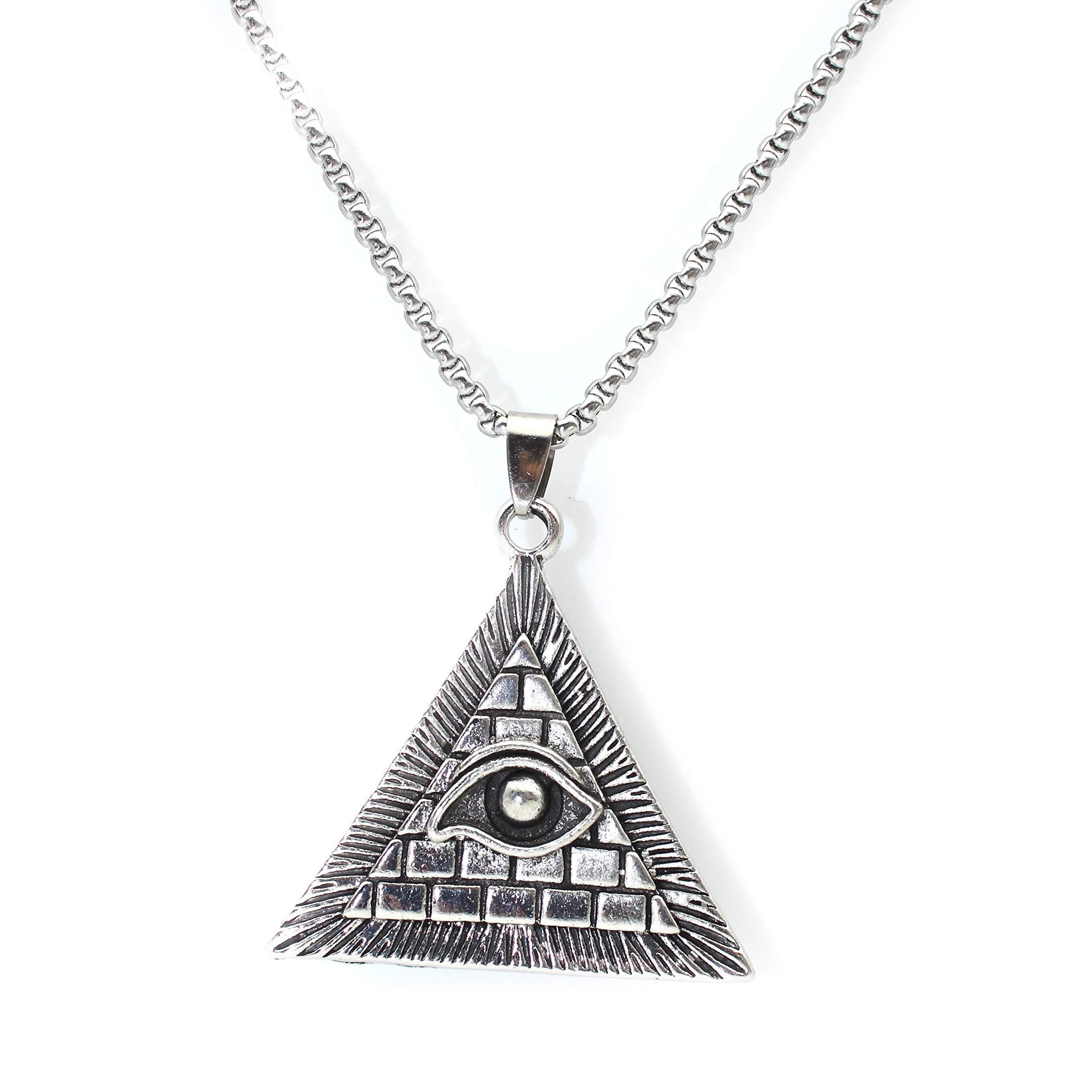 COOLSTEELANDBEYOND Malocchio Modelli Triangolo Piramide Medaglia Ciondolo, Collana con Pendente Uomo Donna, Acciaio, Catena del Grano 75cm