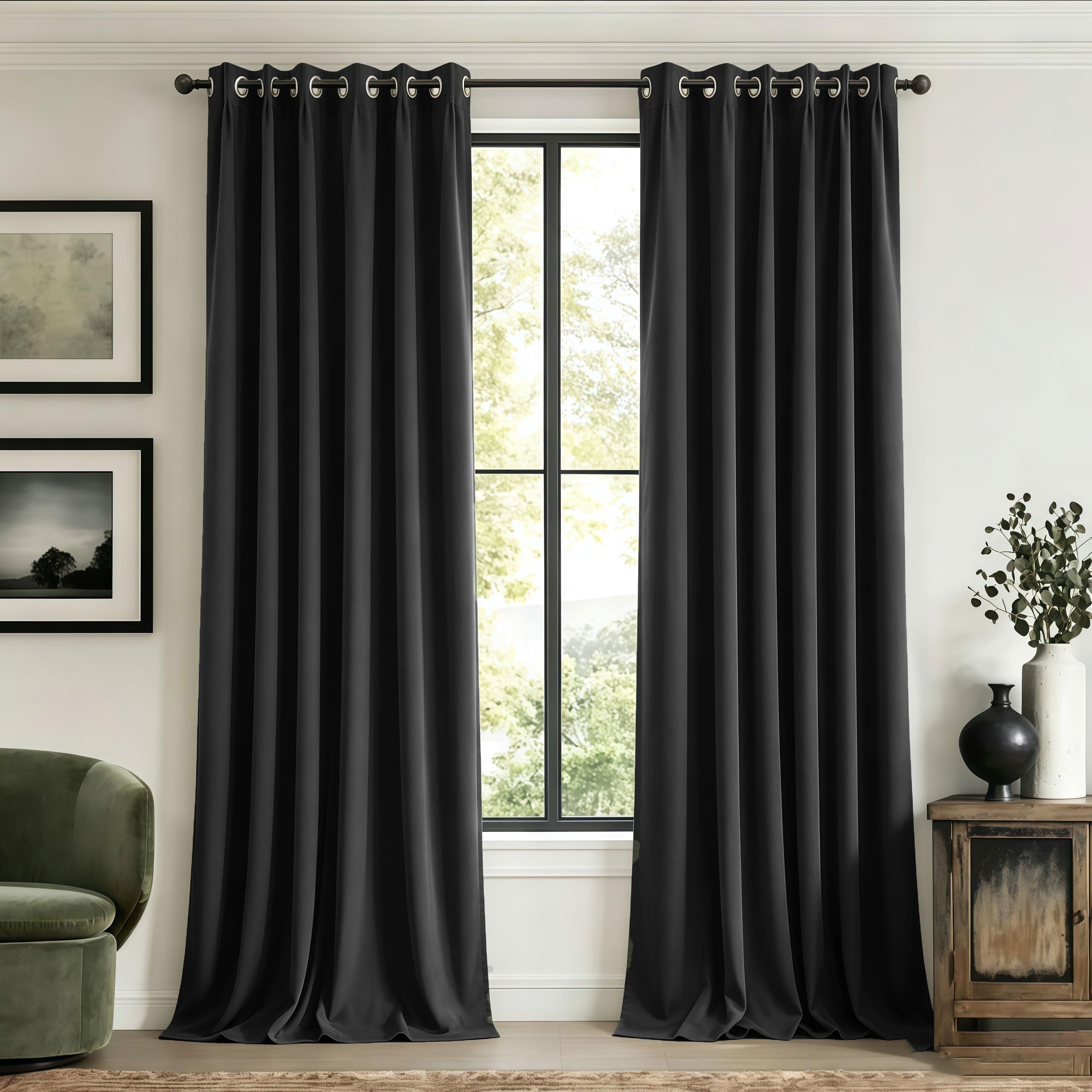 LIUJYUAN Black Out Curtain 120 x 220 cm Windproof, Rod Pocket, Room Darkening Eyelet Curtain, Window Insulated Soundproof for Balcony, Kithcen Window, Black