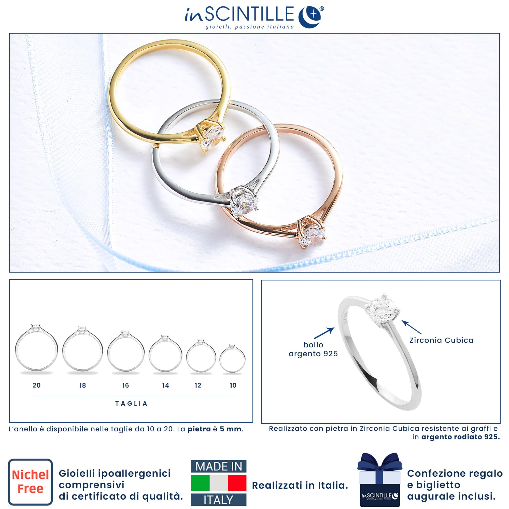 inSCINTILLE Anello Solitario Donna Argento 925 con Zirconia Cubica, Anello Fidanzamento con Confezione Regalo