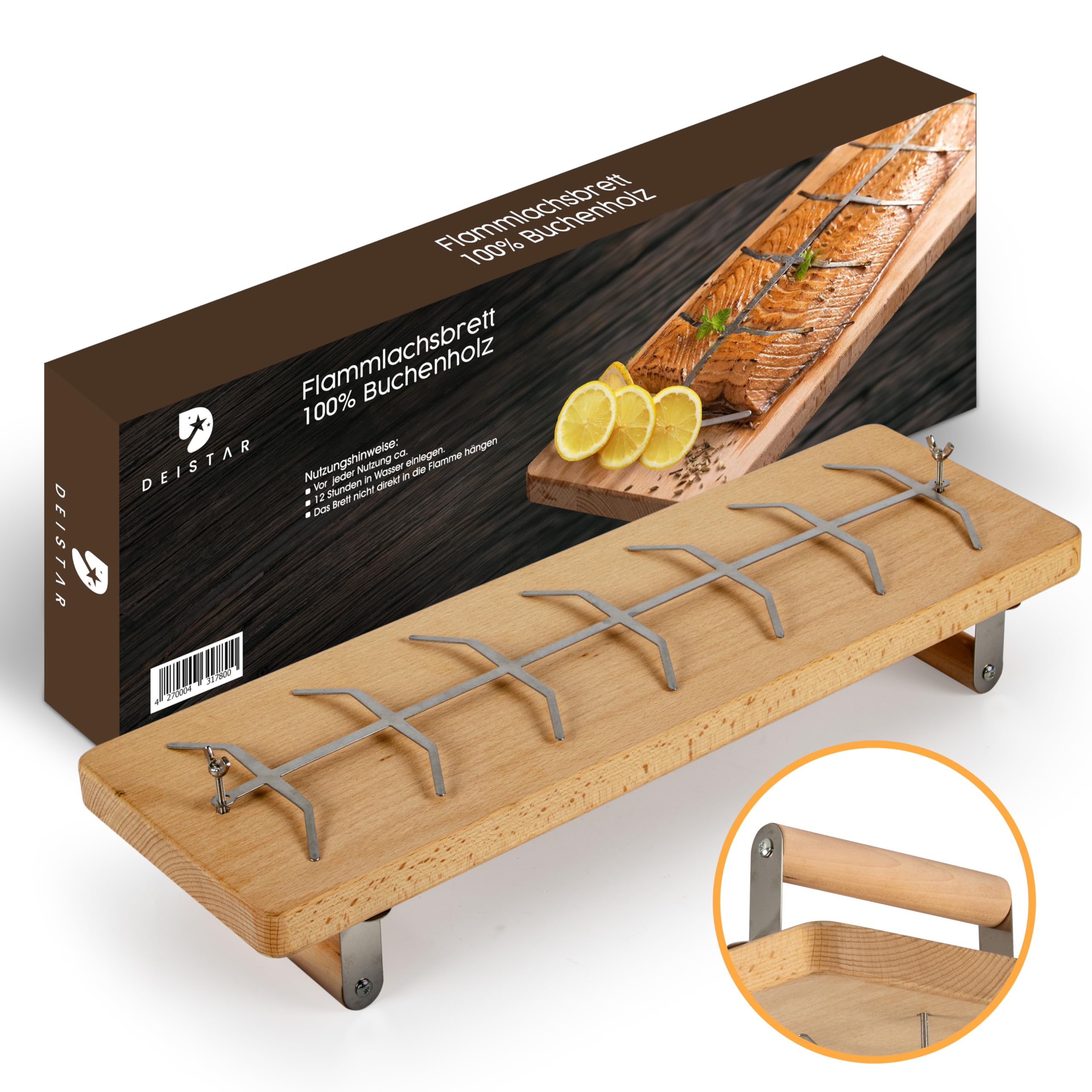 Flammlachsbrett mit Halterung 100% Buchenholz – Edelstahl Halter – 55 cm – Grillbrett für Flammlachs BBQ