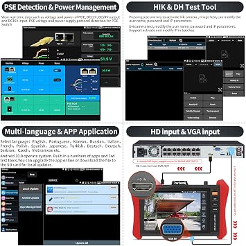 Rsrteng CCTVテスター 4K 12MP IPカメラテスター POE++ 最大90W POEカメラテスト 8インチ 1920x1200 IPS タッチスクリーン 1CH SFP モジュール WiFiネットワークツール ケーブルテスト POE検出 電源管理 アプリアップデート