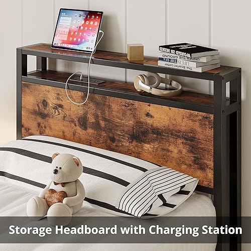 Miniatura 56 de LIKIMIO Base de cama individual con cajón, cabecera de almacenamiento con tomas, no necesita somier, fácil montaje, marrón oscuro Marrón oscuro,Gris