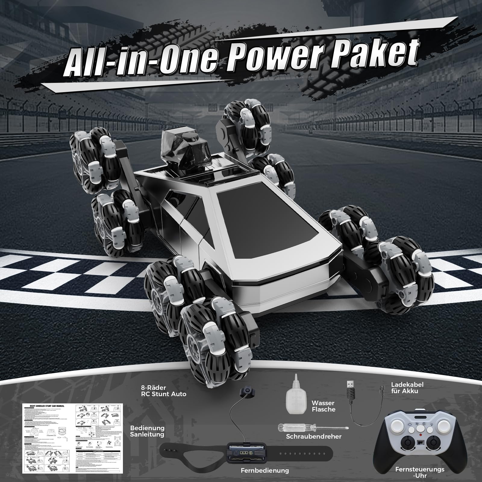 Ferngesteuertes Auto 8 Rad RC Stunt Car, 8WD RC Car, mit Handsteuerung & Fernbedienung, LED Licht Musik Sprühnebel, RC Car für Kinder 5 6 7 8 9 10 11 Jahre, geburtstagsgeschenk für Jungen und Mädchen