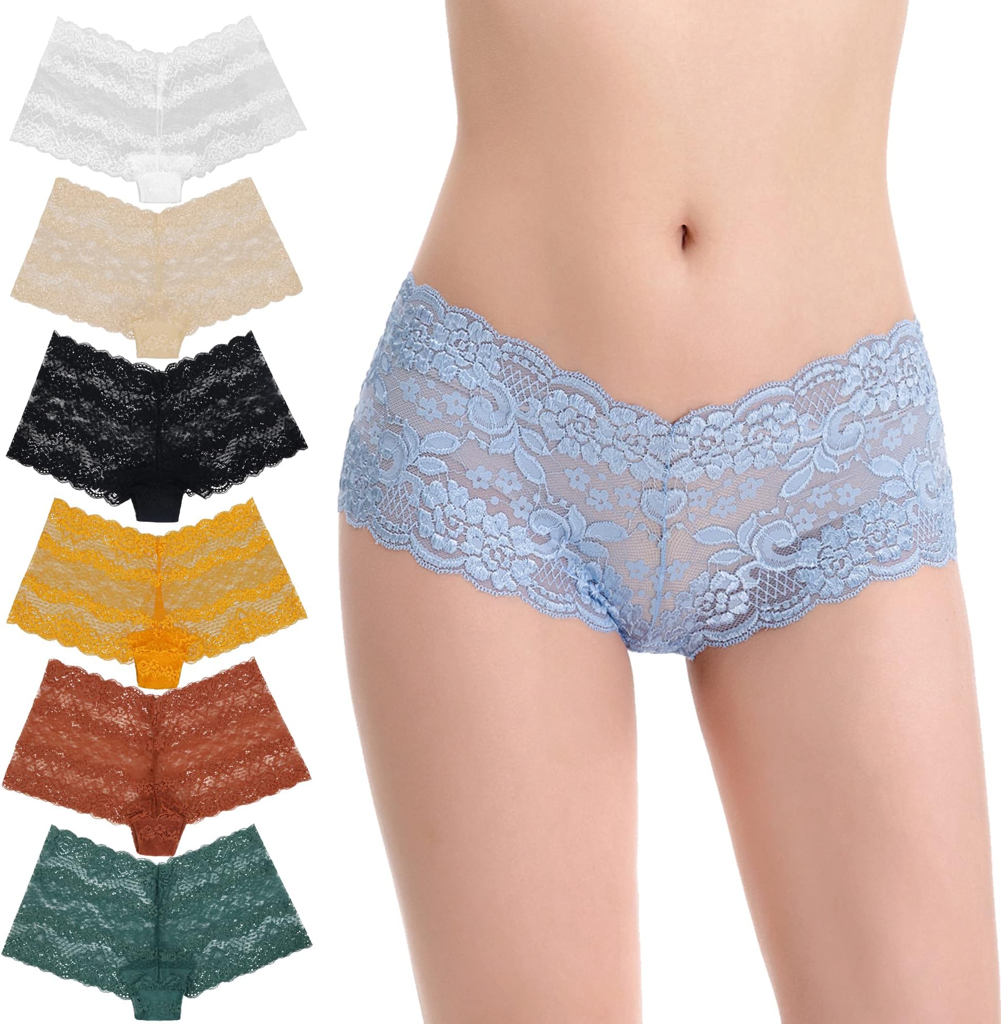 Curve MuseWomen's Pack Of 6 Comfort Sheer Lace Tanga Hipster Boyshorts Panties