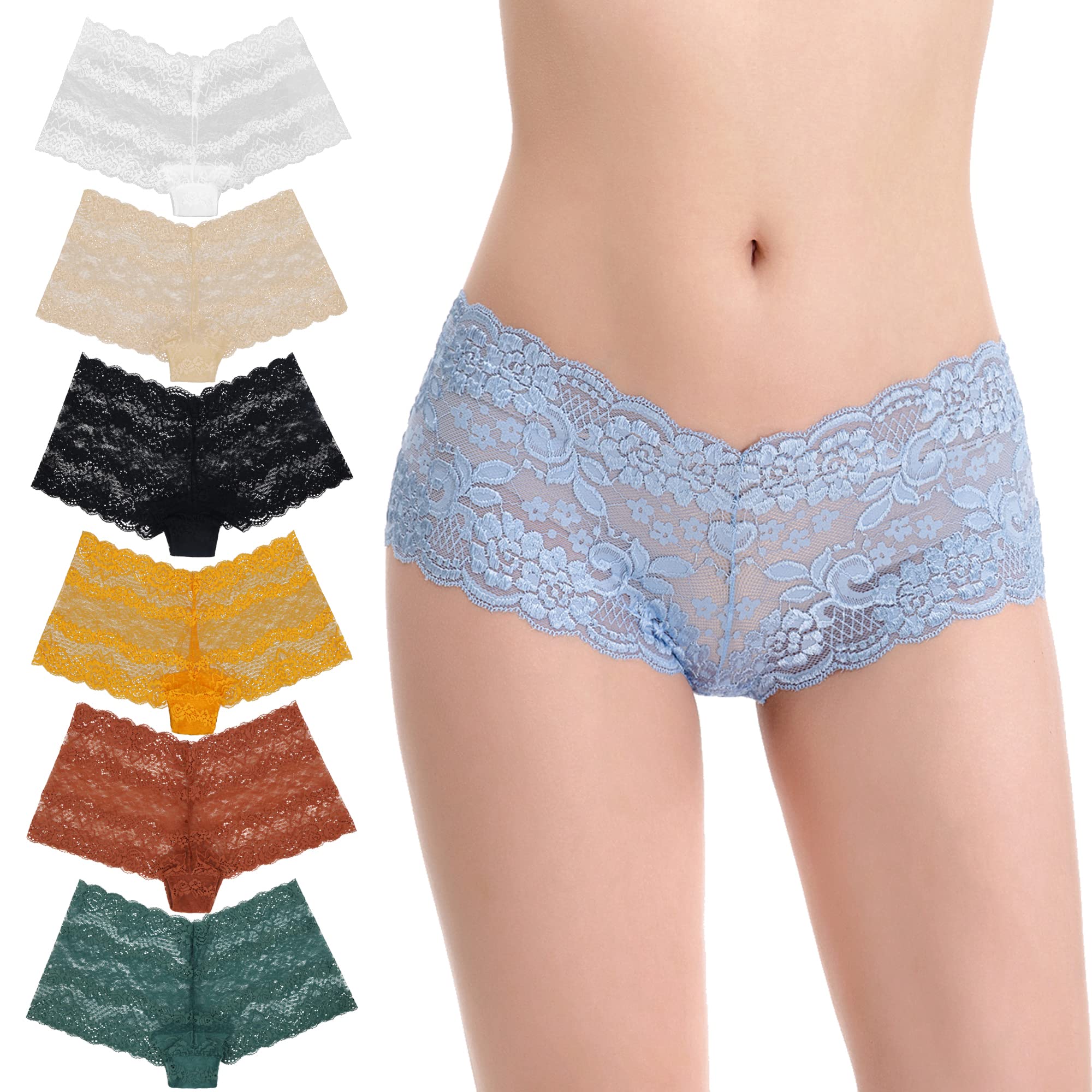 Curve MuseWomen's Pack Of 6 Comfort Sheer Lace Tanga Hipster Boyshorts Panties