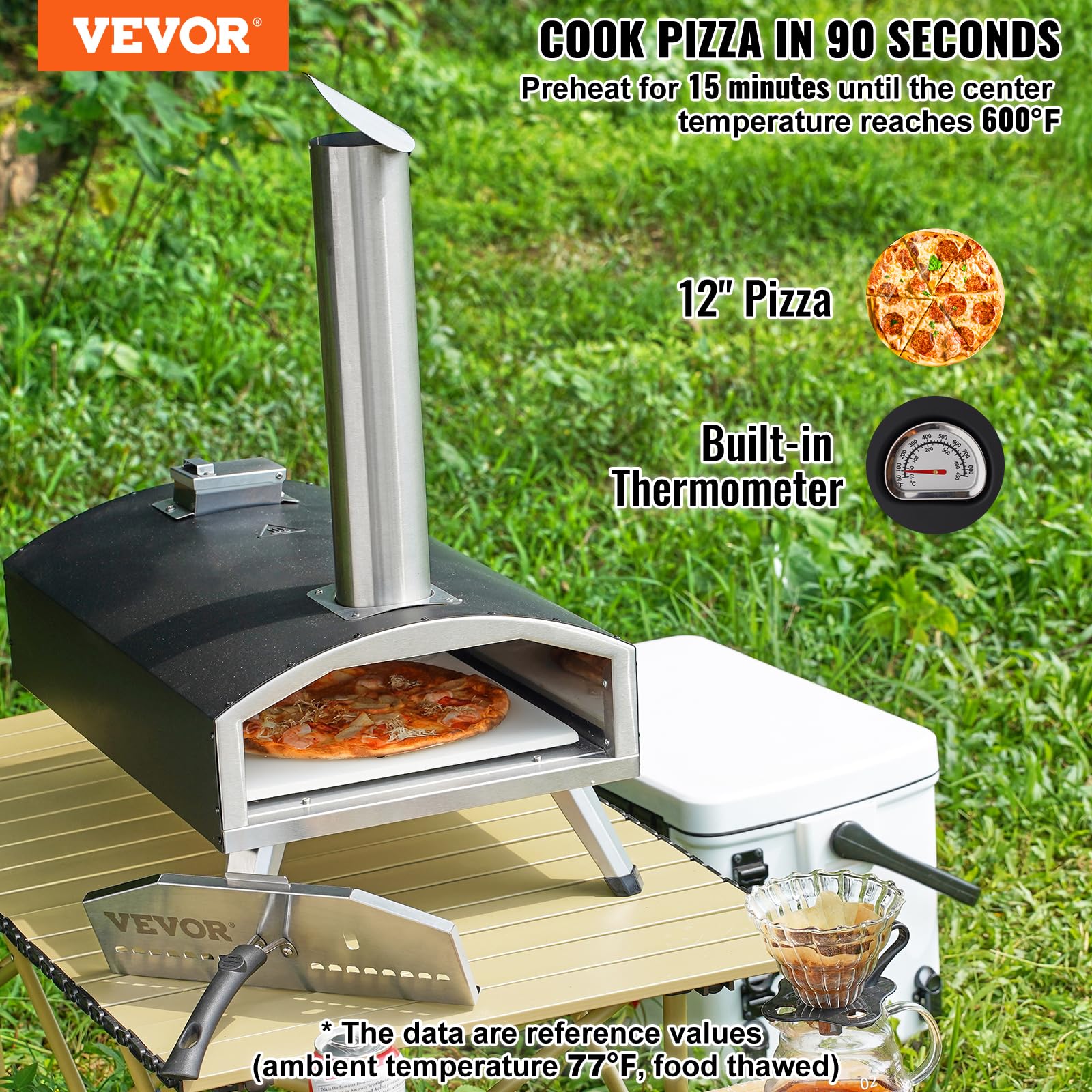 VEVOR Forno Portatile per Esterni 304 mm, Tri-Fuel Pellet Trucioli Carbone, Griglia Pizza con Pietra e Copertura, Nero