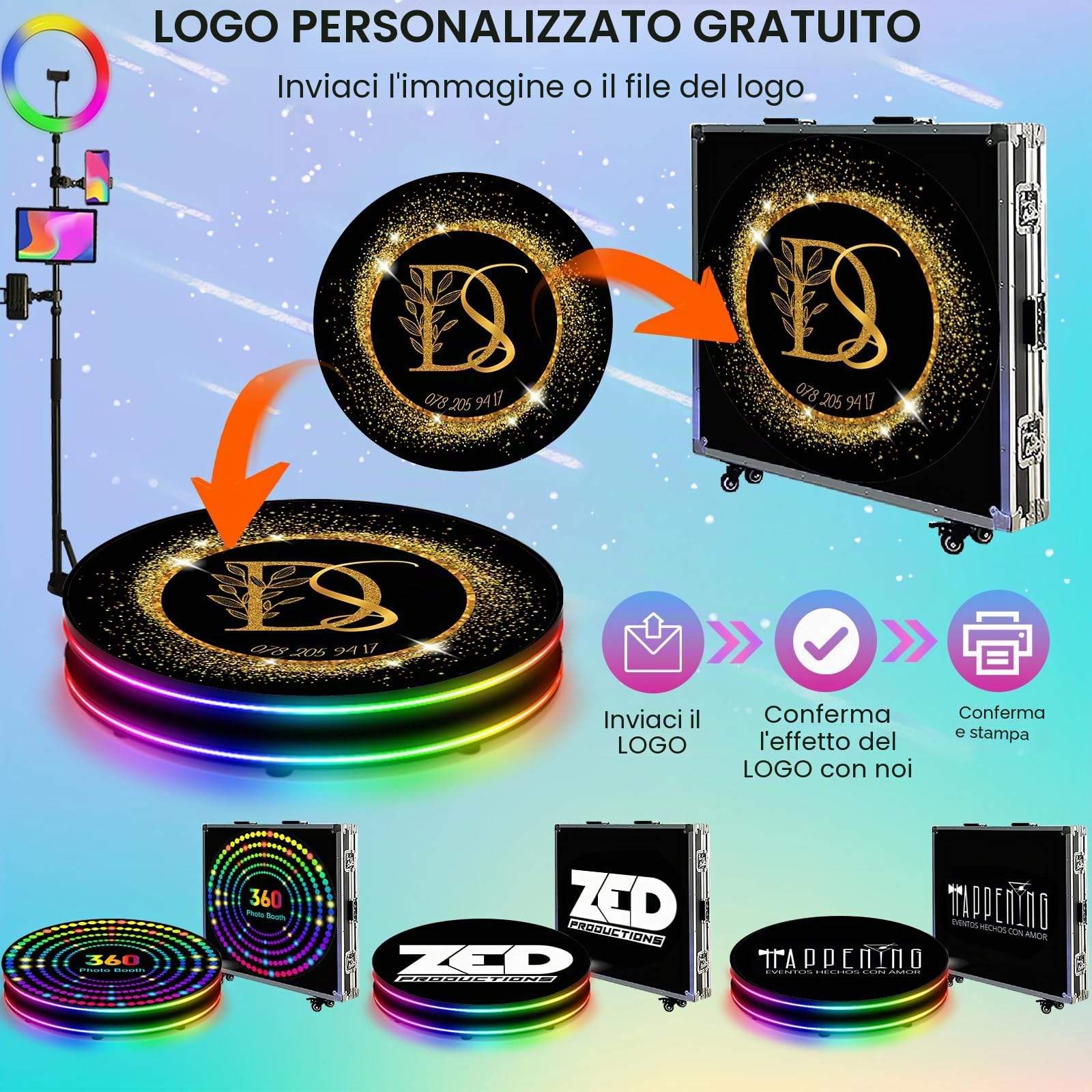 Cabina fotografica a 360 gradi, veloce o rallentatore automatico, logo personalizzato, custodia di volo, telecomando APP, luce anulare RGB (100 cm/39,4 pollici)