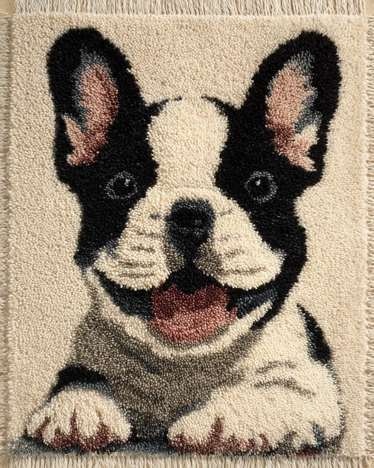 Wallphantom Latch Hook Rug Kits for Adults,Happy French Bulldog,Rug Making Kits Embroidery DIY Crochet Yarn for Beginners,Kids Craft Creative Gift,80x160cm