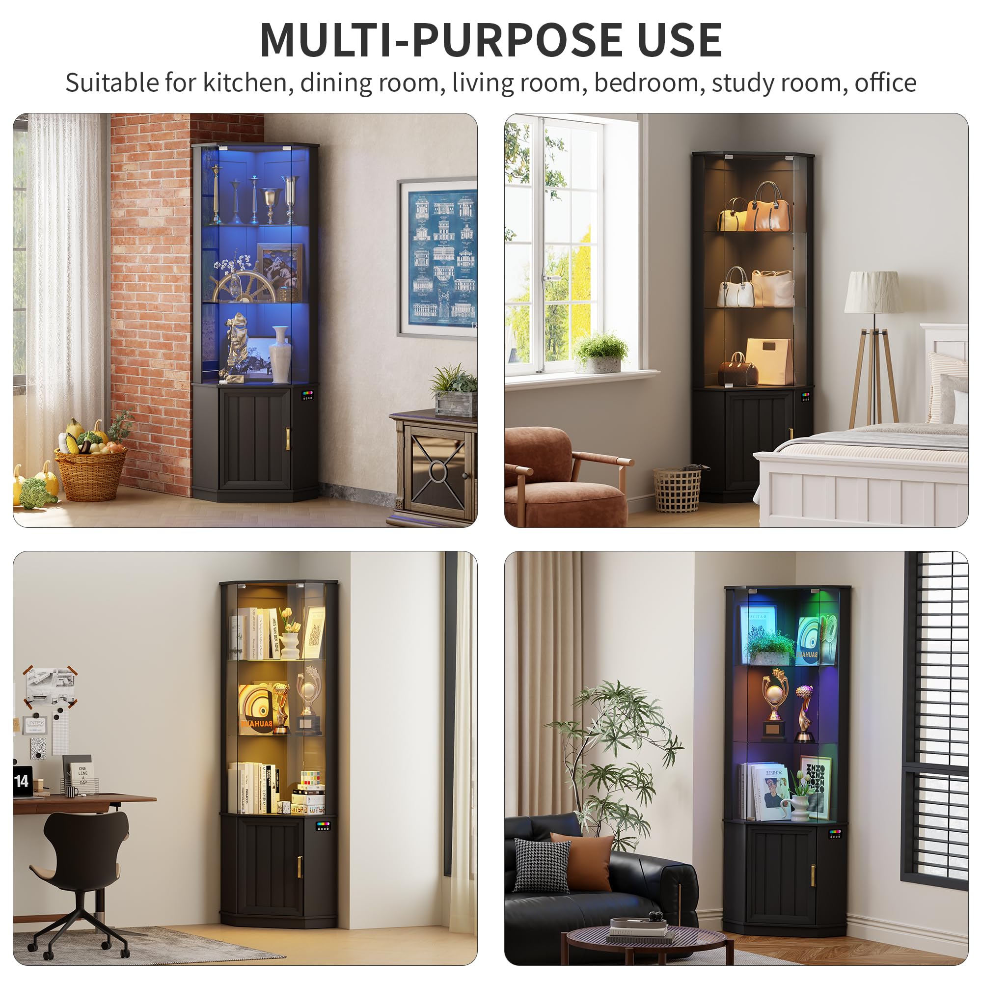Gurexl Vetrina in Vetro con Illuminazione RGB a 24 Colori,Vetrina Angolare con Sensore e Porta In Vetros & Serratura,Vetrinas Angolare con Ripiani Regolabili e 1 Portaoggetti Per Libreria,Curio,Nero