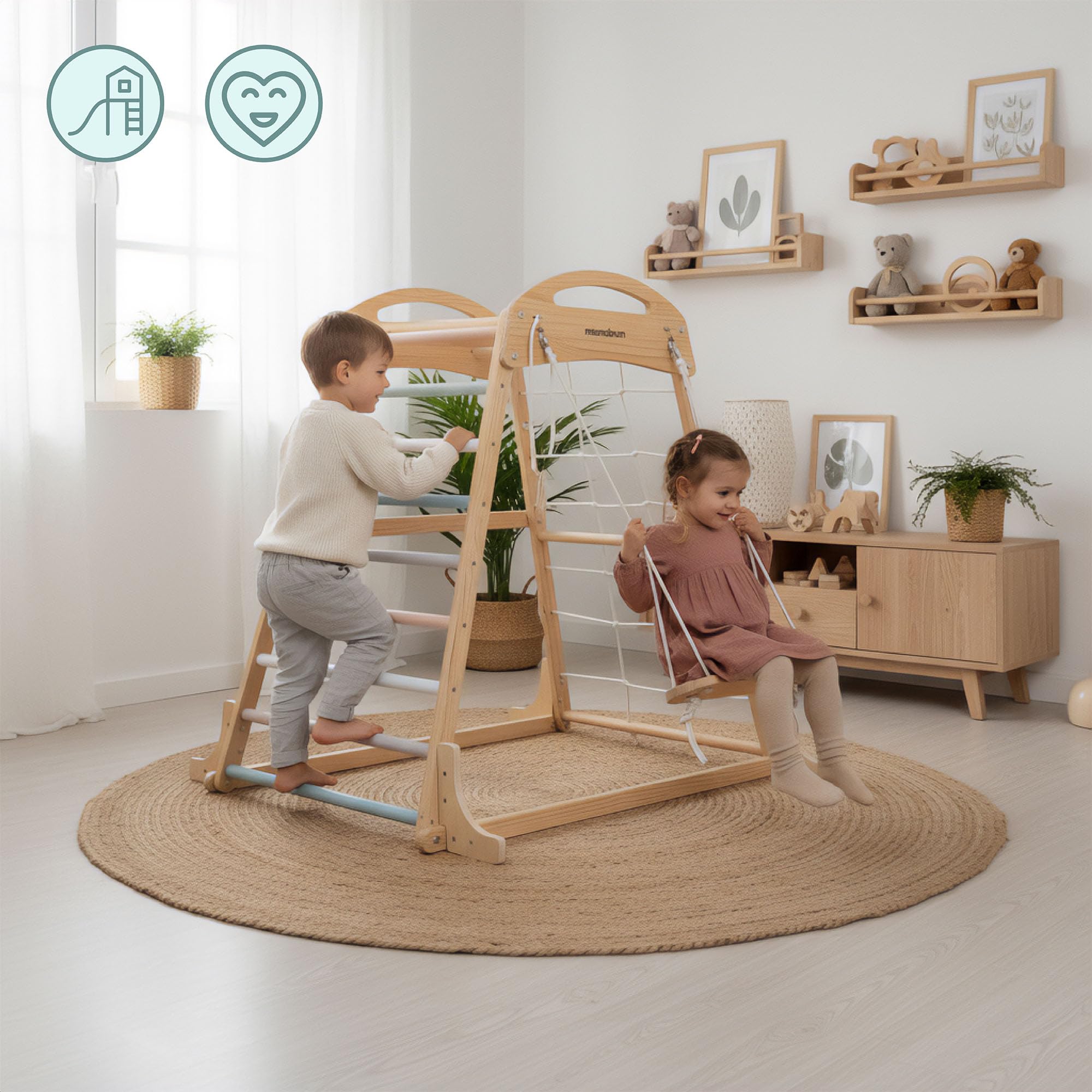 Mamabrum Aire de Jeux intérieure en Bois pour Enfants avec balançoire, Anneaux de Gymnastique et Filet d’Escalade – Ensemble Sportif Multifonctionnel pour la Maison