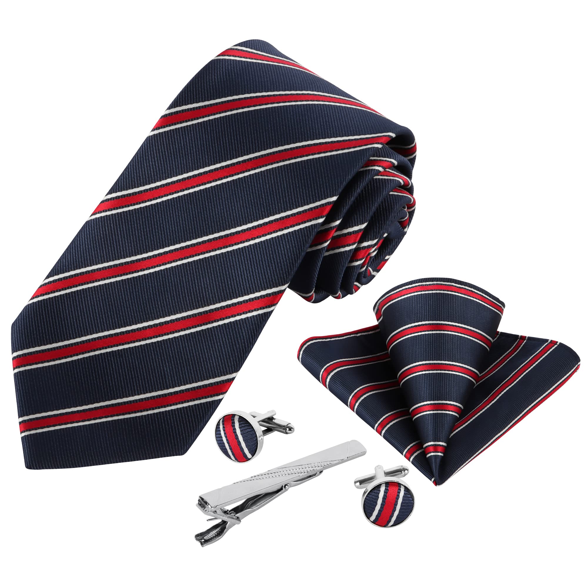 Beaface Men Ties Set, Navy Red Striped Tie and Pocket Square Cufflinks Tie Clip 5 PCS Set, Mens Necktie for Wedding Business Formal (Navy Red Striped)