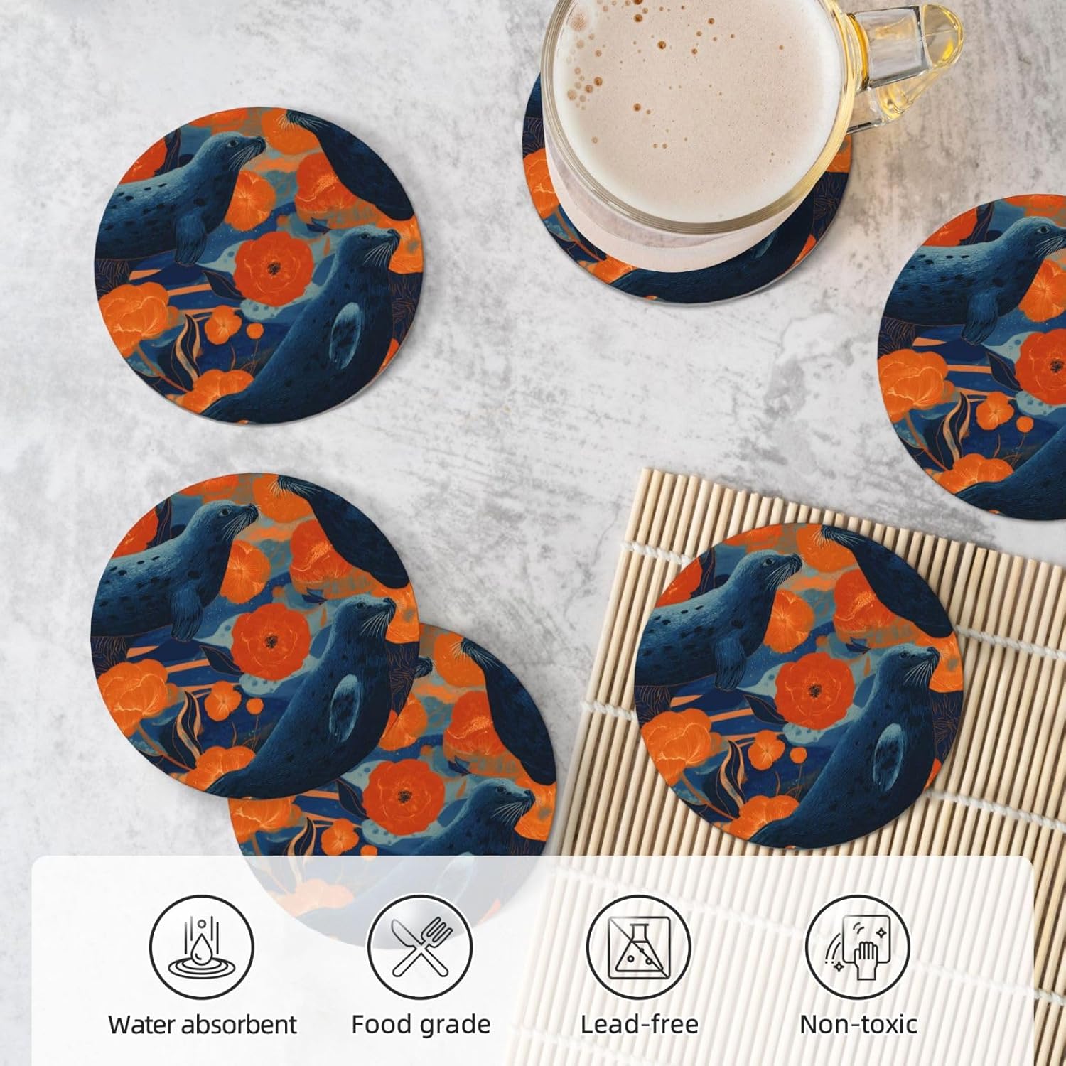 (Sea Lions) Ceramic Coasters Set of 6 with Holder Non-Slip Round Coffee Coasters for for Cup Mug Drink Patio Coffee Table Decor, Christmas Coasters Home Bar Supplies