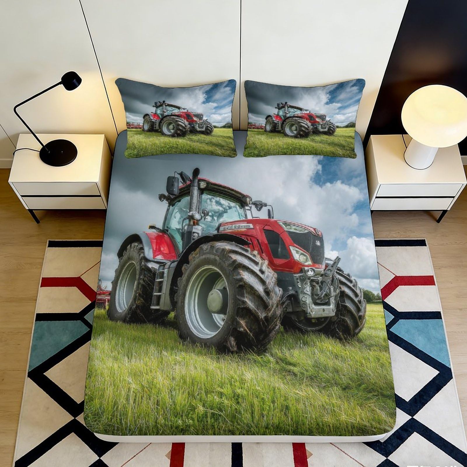 3D Printed Tractor Field Fitted Sheet with Microfiber, Farm Scene Mattress Cover for Bedroom, Dorm, Guest Room 90x200x25cm