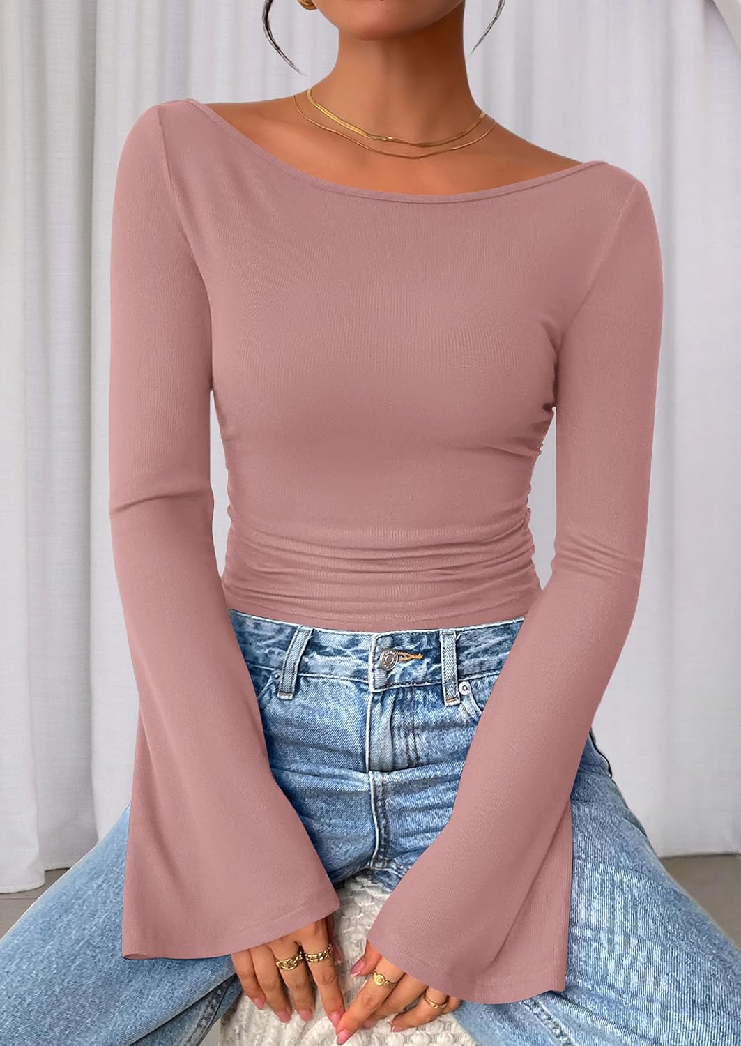 PRETTYGARDEN Womens Long Sleeve Shirts 2026 Spring Crop Going Out Tops Casual Boat Neck Bell Sleeve Ribbed Ruched Y2K Clothes - Image 5