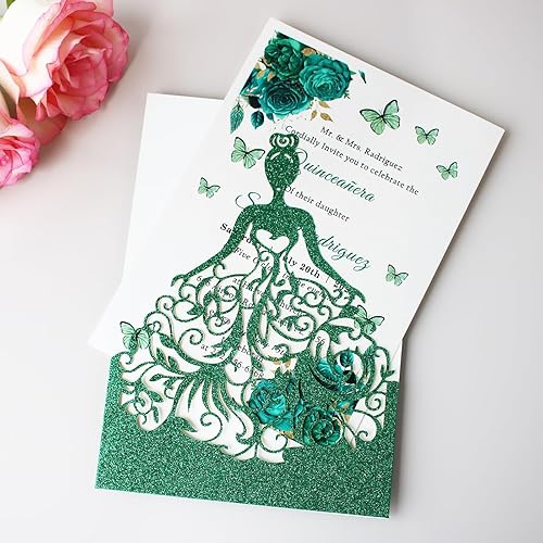 Miniatura 8 de KUCHYNEE Kit de invitaciones de quinceañera de 5.12 x 7.28 pulgadas, 20 unidades de color azul real, con purpurina, corte láser, bolsillo hueco de
