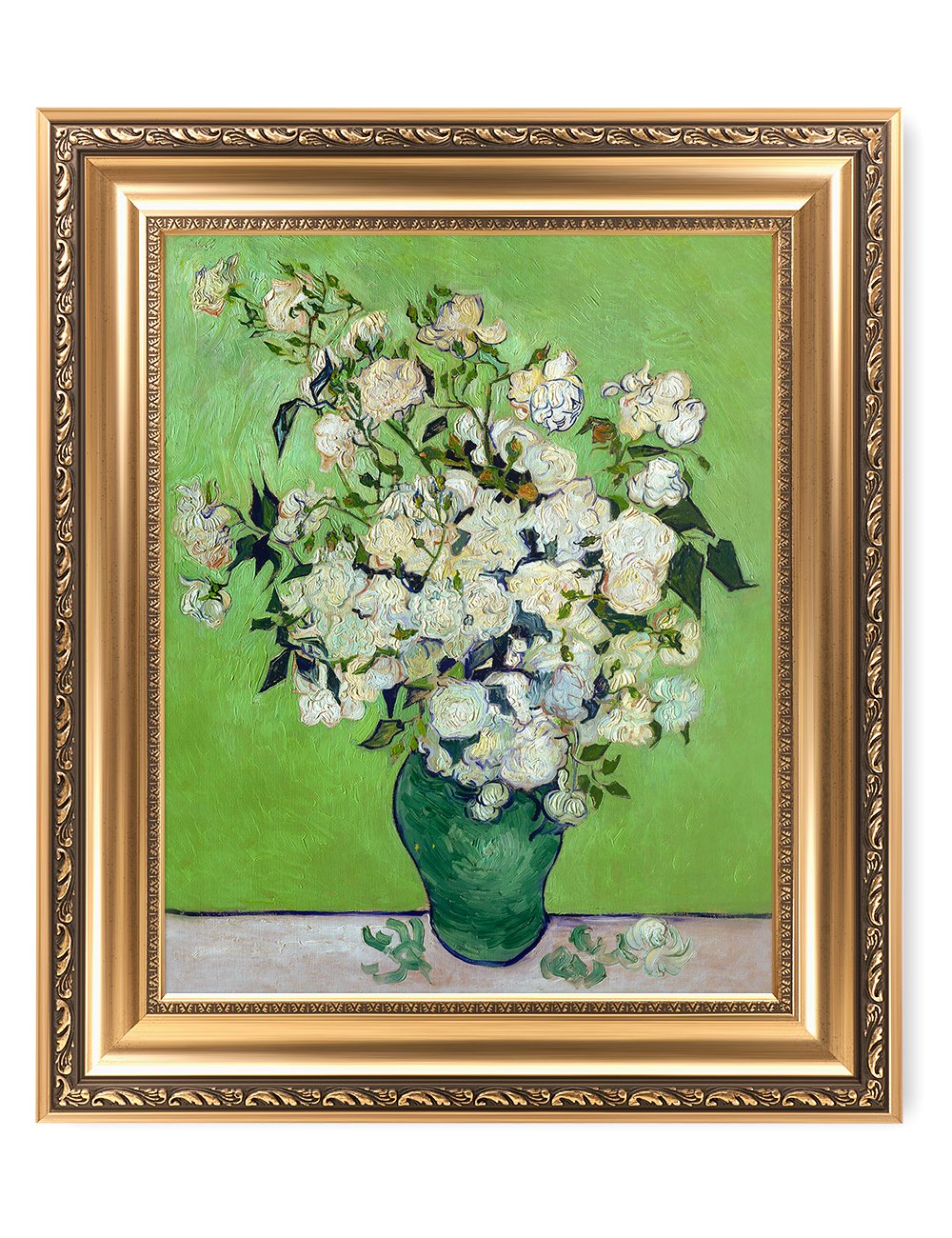 Photo 1 of DECORARTS - Pink Roses in a Vase, Vincent Van Gogh Art Reproduction. Framed Size: 26x22 in 20 x 16" + Golden Frame