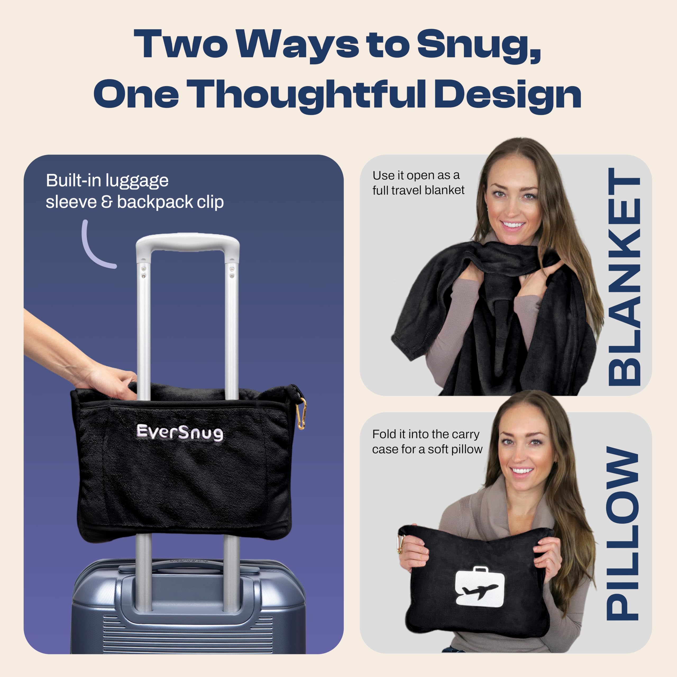 EverSnug Coperta e cuscino da viaggio - Coperta da viaggio morbida 2 in 1 di alta qualità con federa morbida, cinturino per bagaglio a mano e clip per zaino (nero)