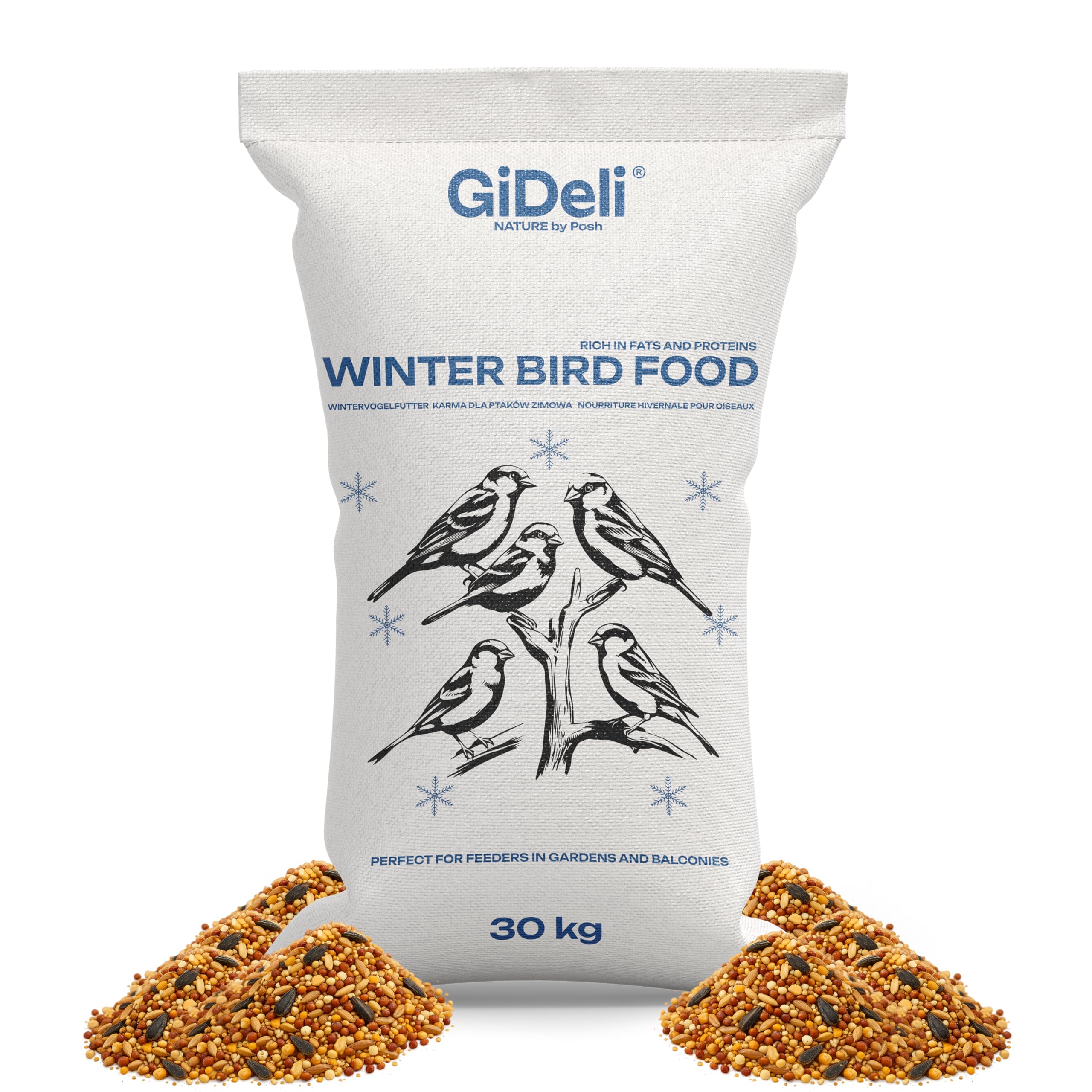 GiDeli Mangime invernale per uccelli, 30 kg, per uccelli selvatici, tutto l'anno, per giardino e balcone, con semi di lino, ricco di omega-3, calcio, senza additivi