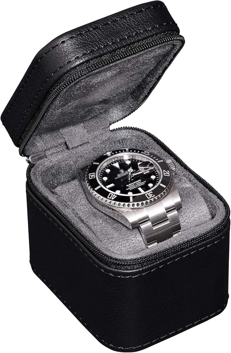 ROTHWELL Single Watch Travel Case | Compact PU Leather Protective Box with Microsuede Interior | Fits Watches & Smartwatches Up to 55mm (Black/Grey)