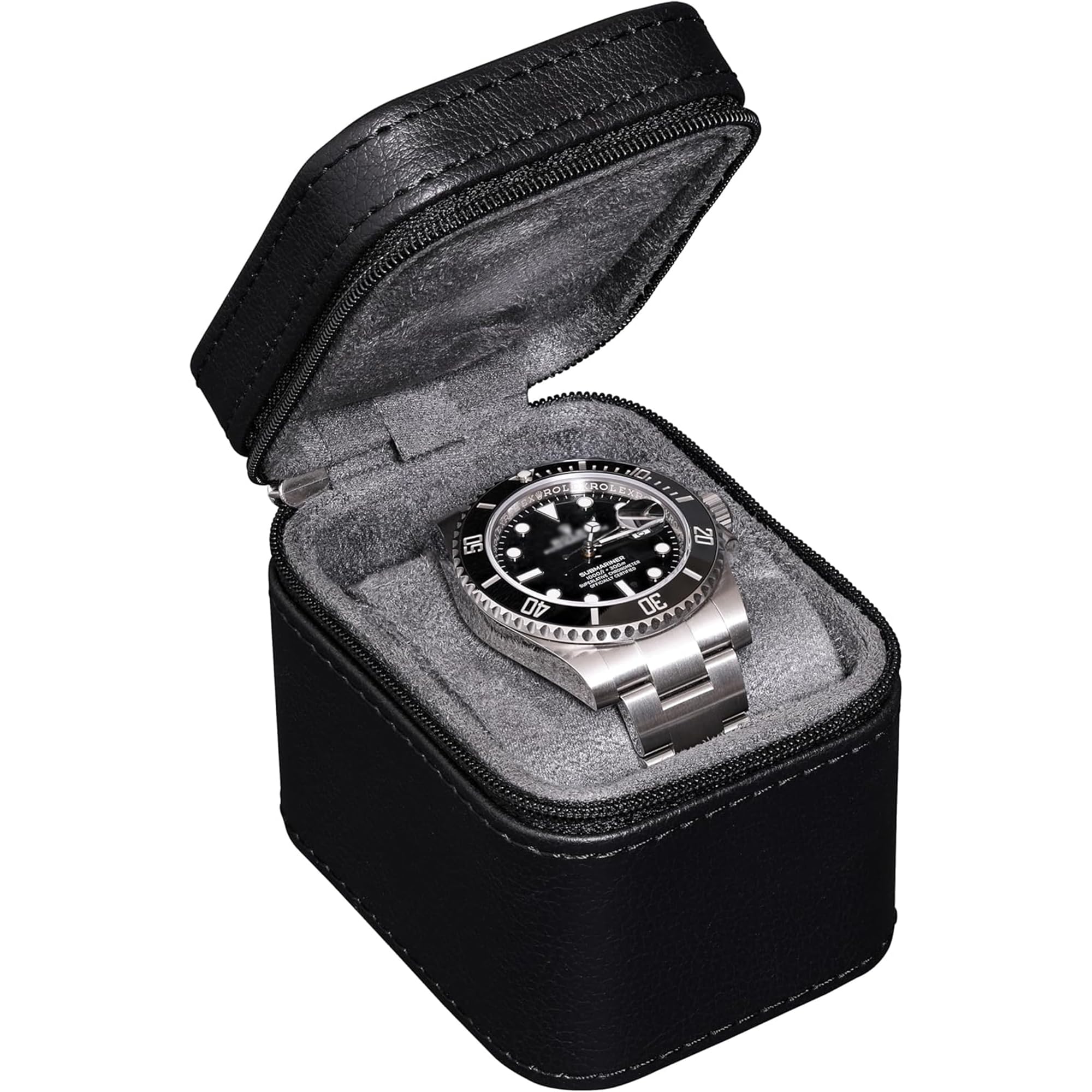 ROTHWELL Single Watch Travel Case | Compact PU Leather Protective Box with Microsuede Interior | Fits Watches & Smartwatches Up to 55mm (Black/Grey)
