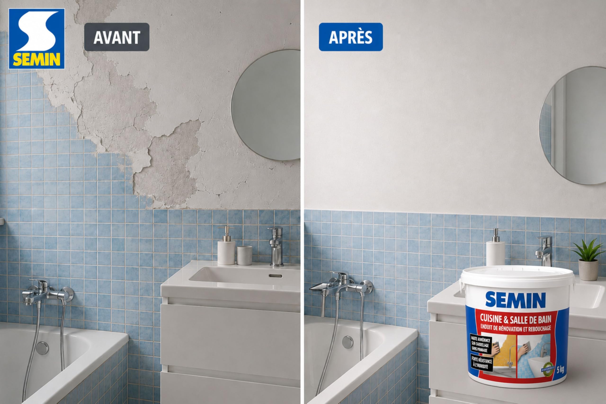 SEMIN Enduit de Rebouchage & Rénovation Cuisine et Salle de Bain 5kg – Enduit Prêt à l’Emploi, Haute Adhérence sur Carrelage sans Primaire, Résistant à l’Humidité, Murs Intérieurs - Lot de 5