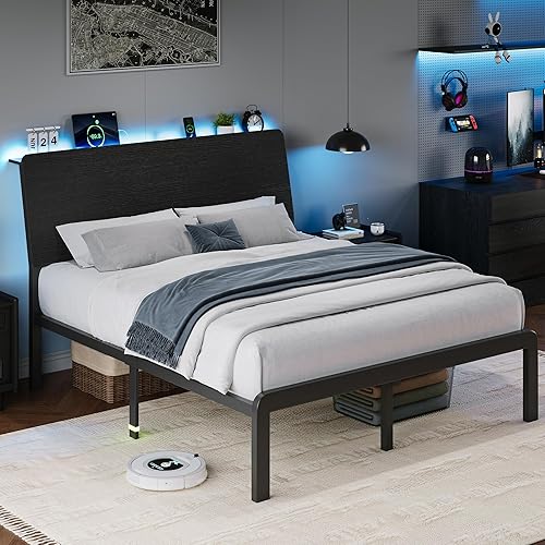 iPormis Marco de cama de metal de tamaño completo con luces LED y estación de carga, cama plataforma con cabecera de almacenamiento ergonómica,