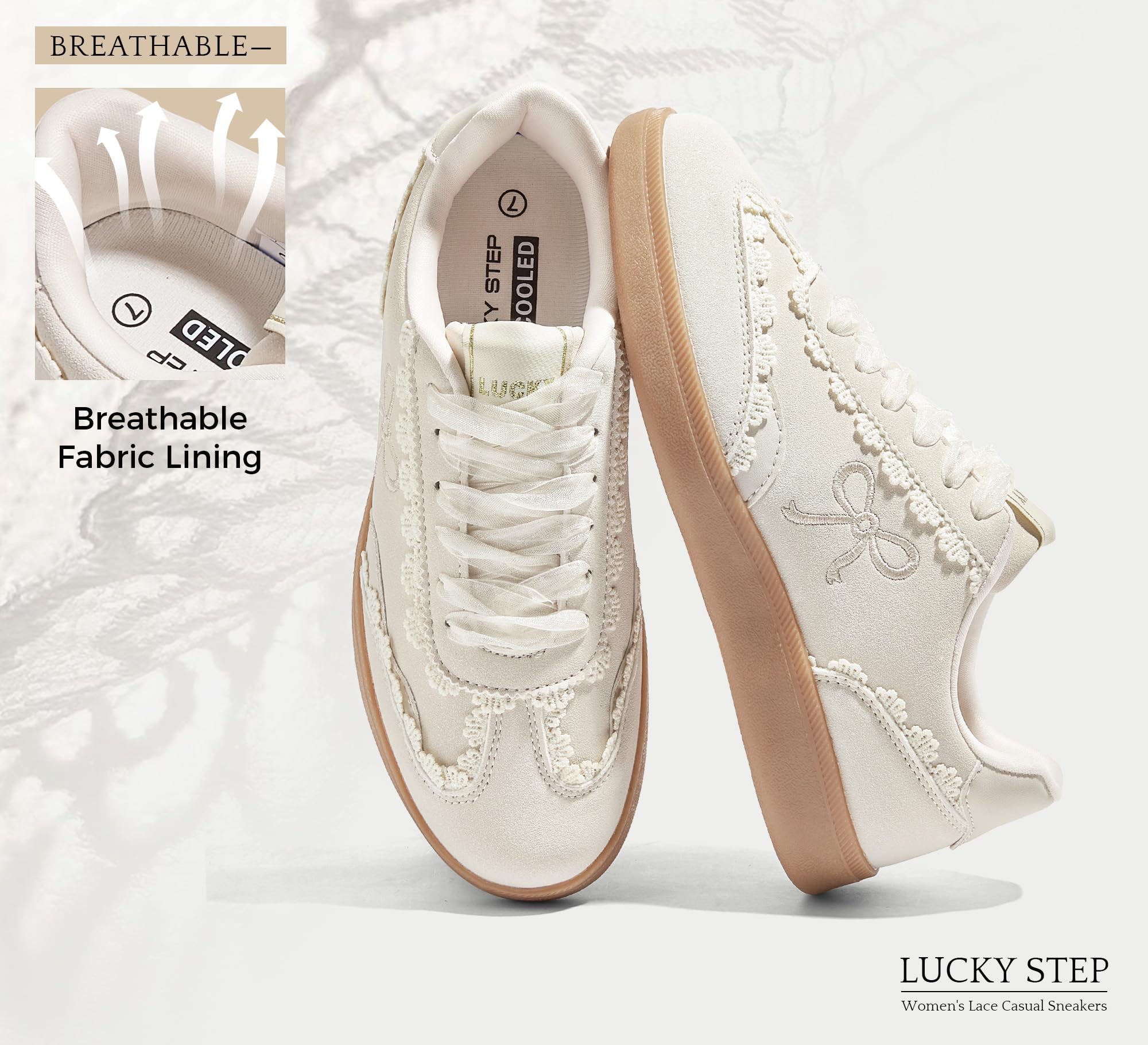 LUCKY STEP Damskie koronkowe detale trampki na co dzień wstążka organza sznurowane moda vintage gumowa podeszwa modne urocze buty