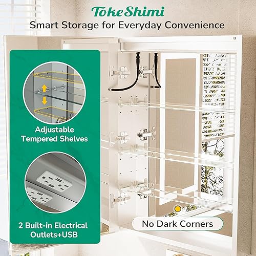 Miniatura 7 de TokeShimi Espejo LED para botiquín de baño de 16 x 24 pulgadas con toma de corriente, antiempañamiento frontal, 3 colores, superficie regulable o