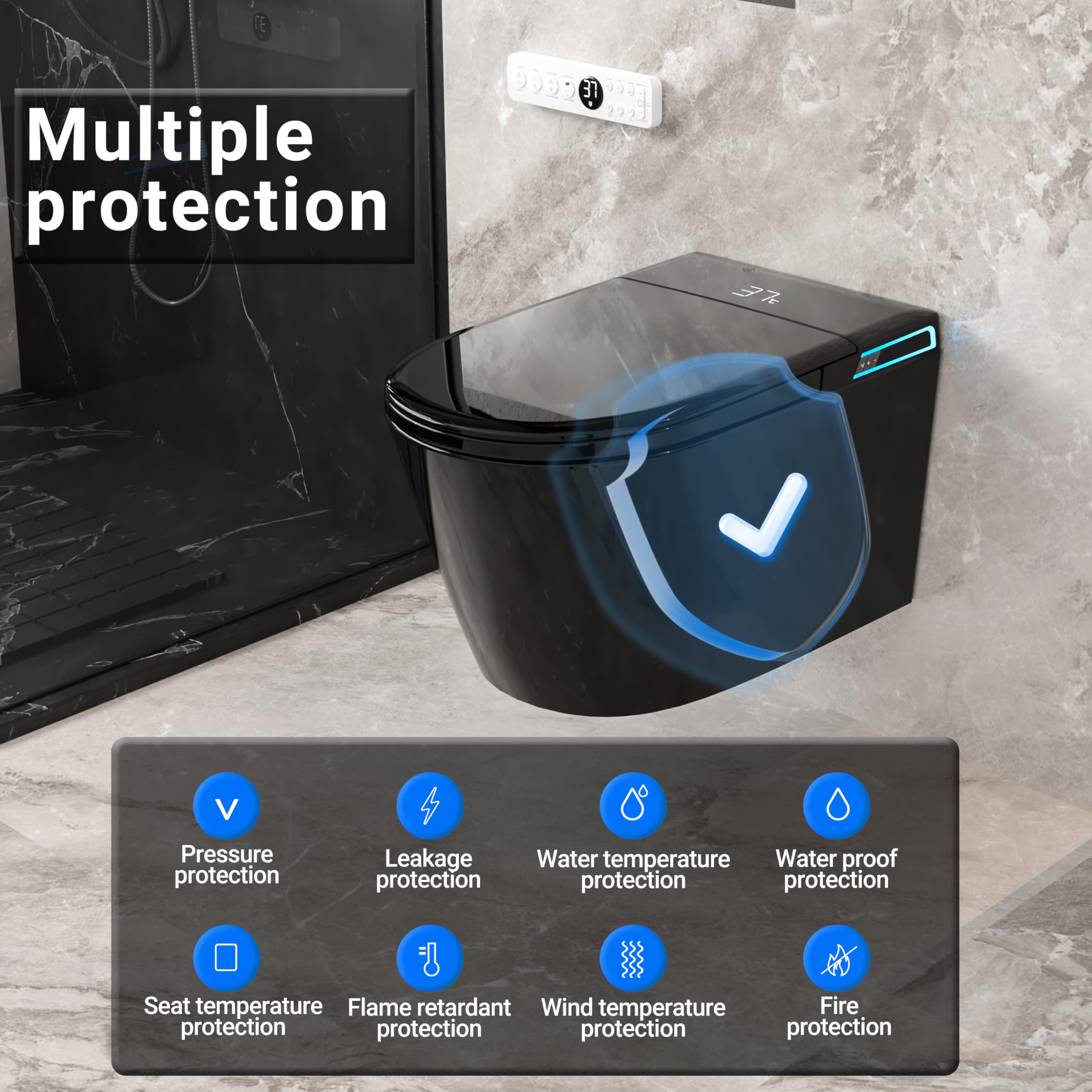 Smart WC nero da appendere alla parete, scarico automatico, coperchio con apertura e chiusura automatica, sedile riscaldato, acqua calda/asciugatrice, moderno bidet allungato con supporto a